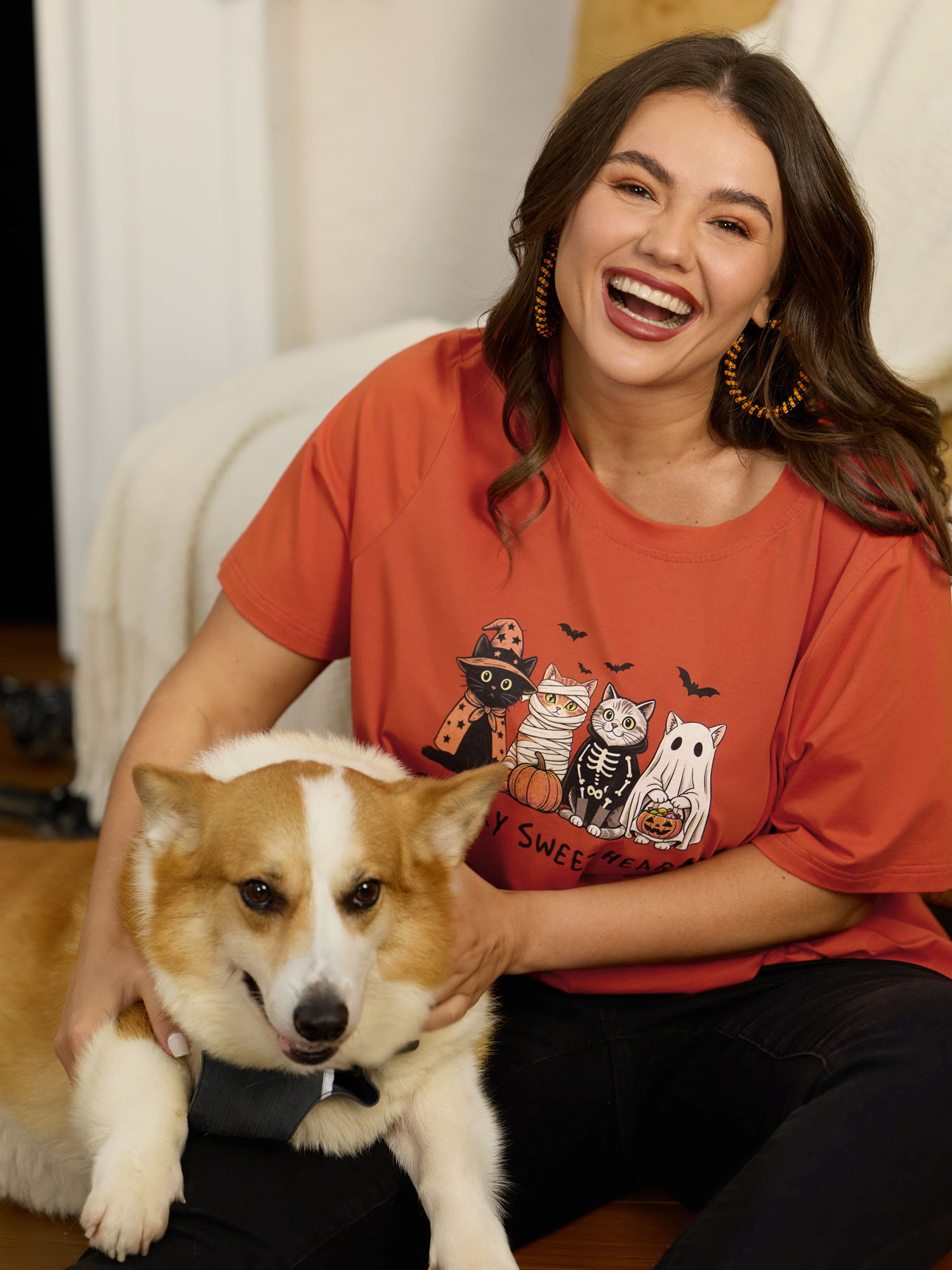 BloomChic Women's Plus Size Cute Mummy Ghost Skeleton Cat Print Casual T‑Shirt Brightorange Solid Everyday-Casual Short sleeve Round Neck 10/M