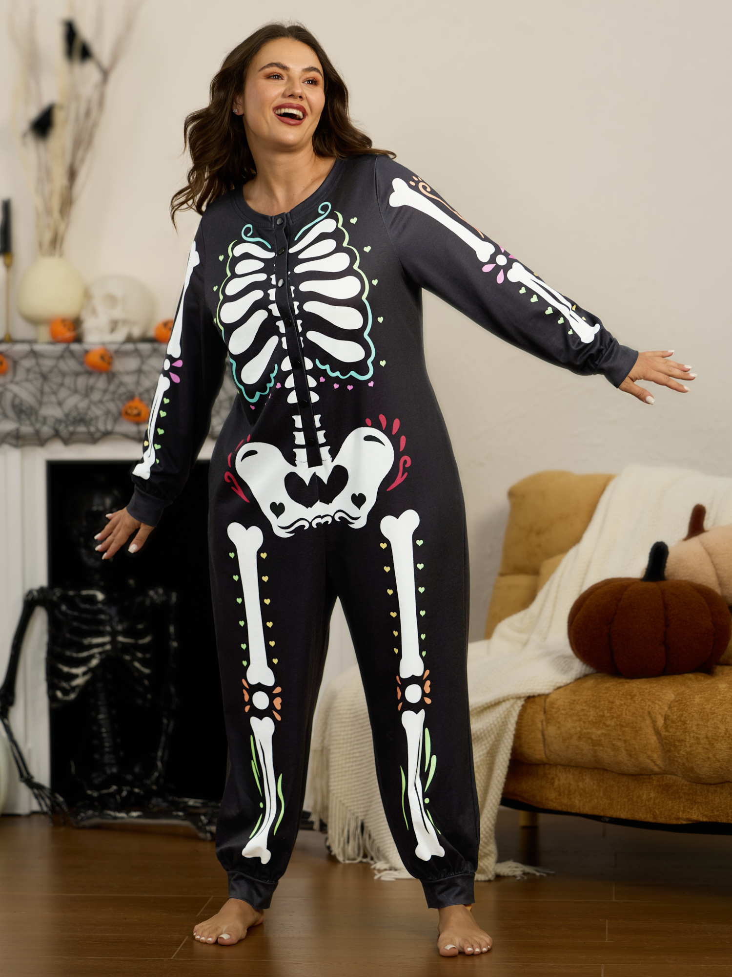 BloomChic Plus Size Supersoft Halloween Skeleton Button‑Front Lounge Jumpsuit - Women's Supersoft Black Long Sleeve Hidden Pocket Comfort Midsection Fit Lounge Jumpsuits 14/M