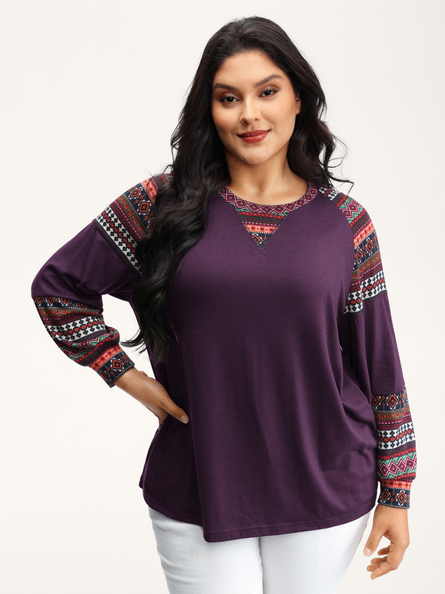 BloomChic Women's Plus Size Supersoft Boho Stripes Spliced T-Shirt Royal Purple Color Block Everyday-Casual Long Sleeve Round Neck 10/M