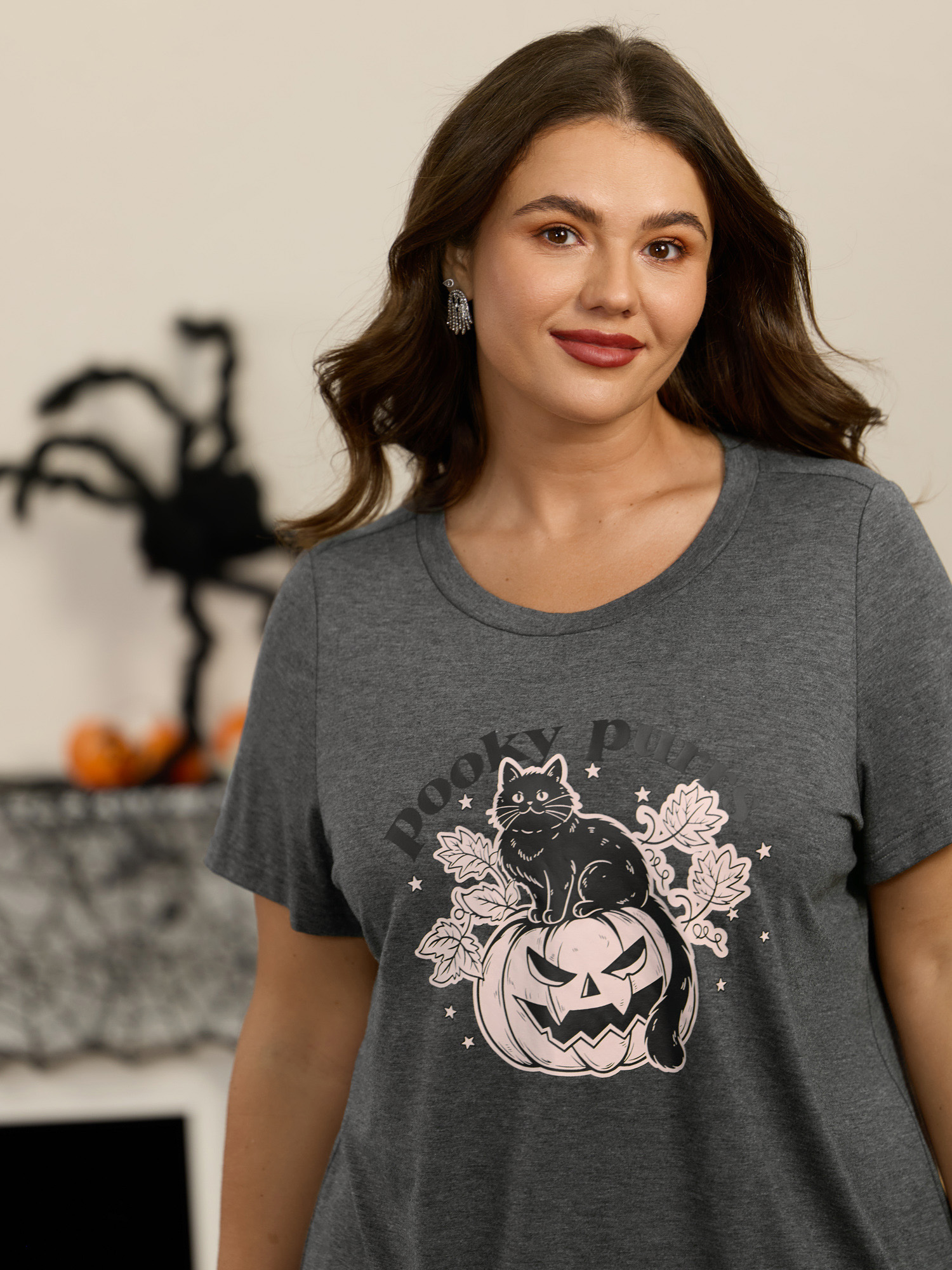 BloomChic Women's Plus Size Stretch Heather Retro Cat On Pumpkin Print T-Shirt DimGray Solid Everyday-Casual Short sleeve Round Neck 10/M