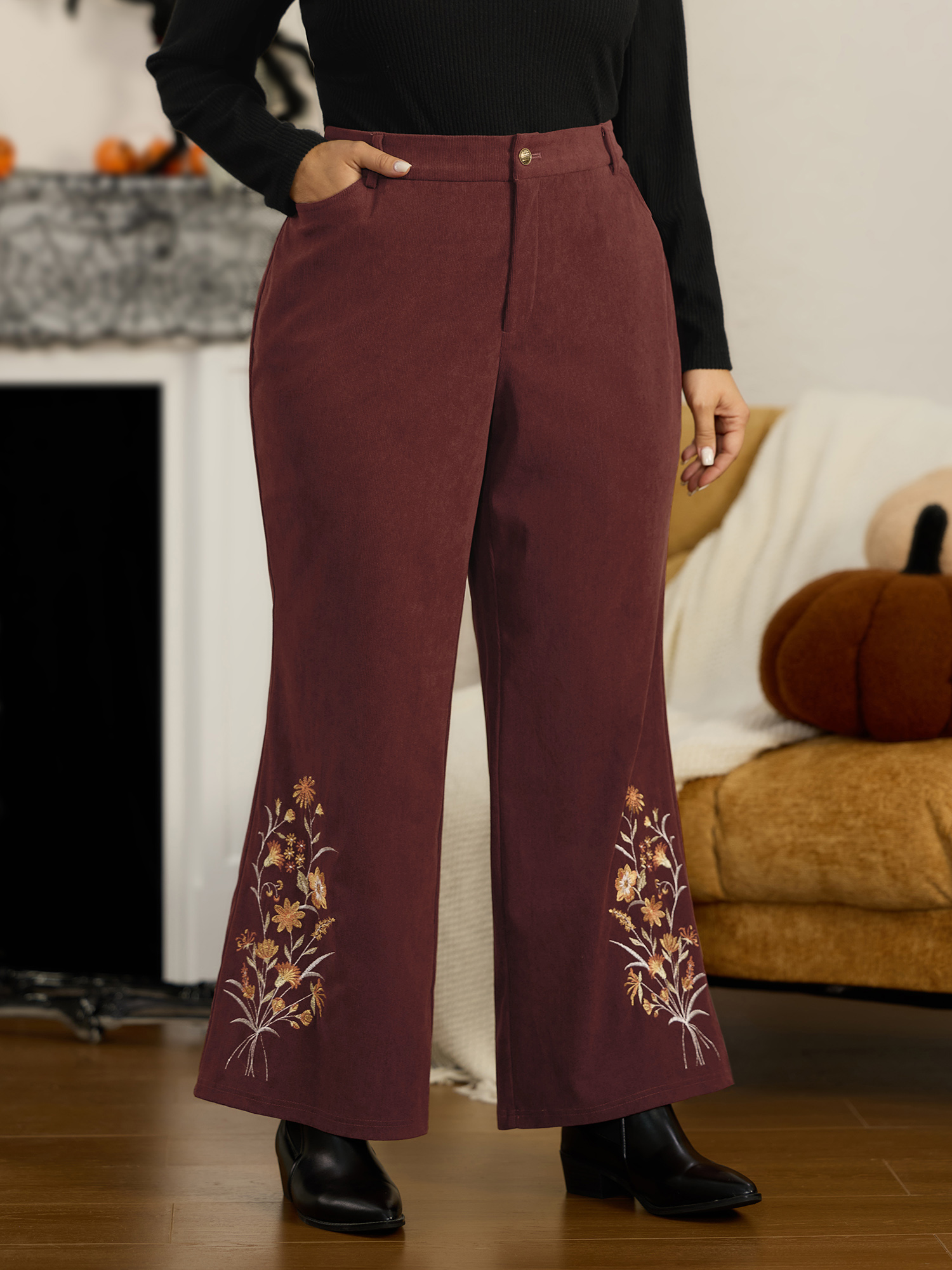 BloomChic Women's Plus Size Stretch Floral Embroidery Hem Corduroy Pants Browncoffeecolor Halloween Slight flare Mid Rise Everyday-Casual 10/M