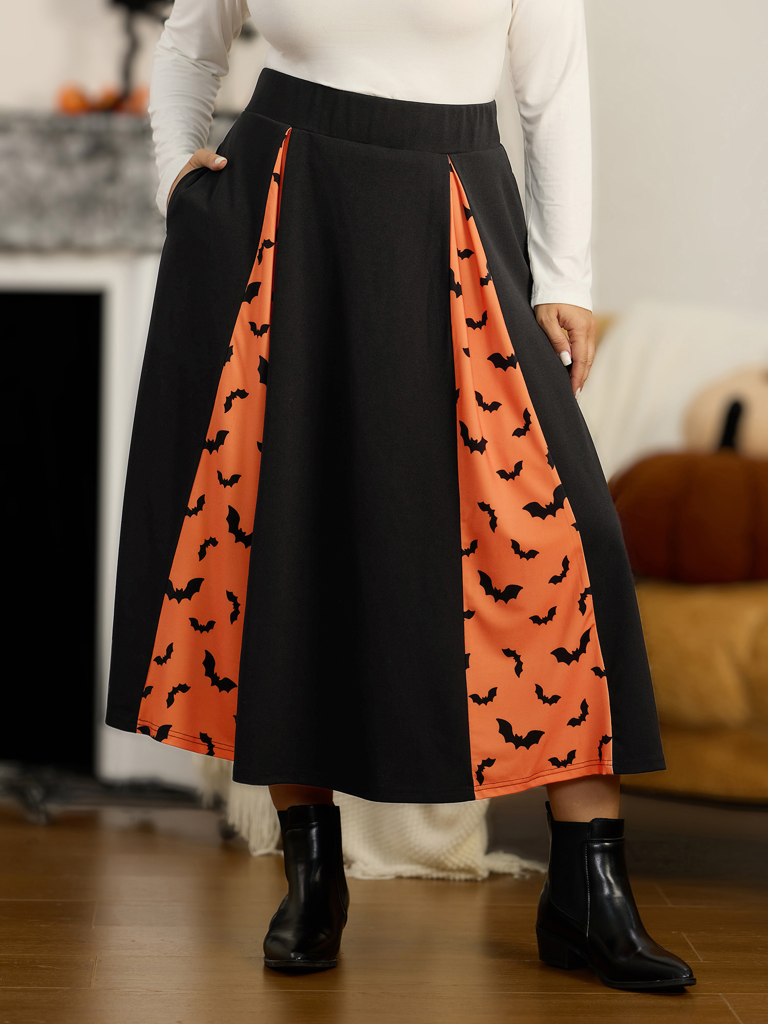 BloomChic Women's Plus Size Halloween Bat Print Colorblock Pleated Midi Skirt Black Colorblock A-line Everyday-Casual 10/M