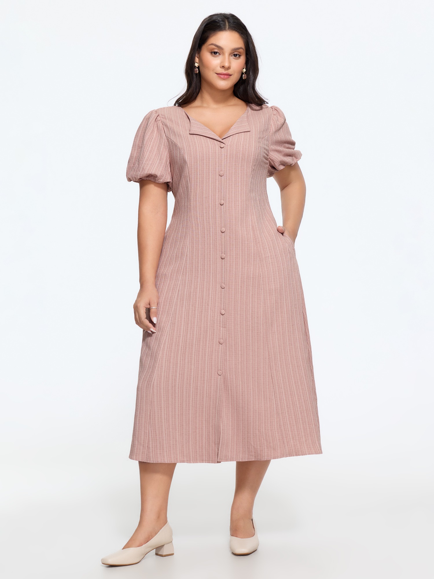 Bloomchic Vertical Stripe Button Down Midi Dress In Dustypink