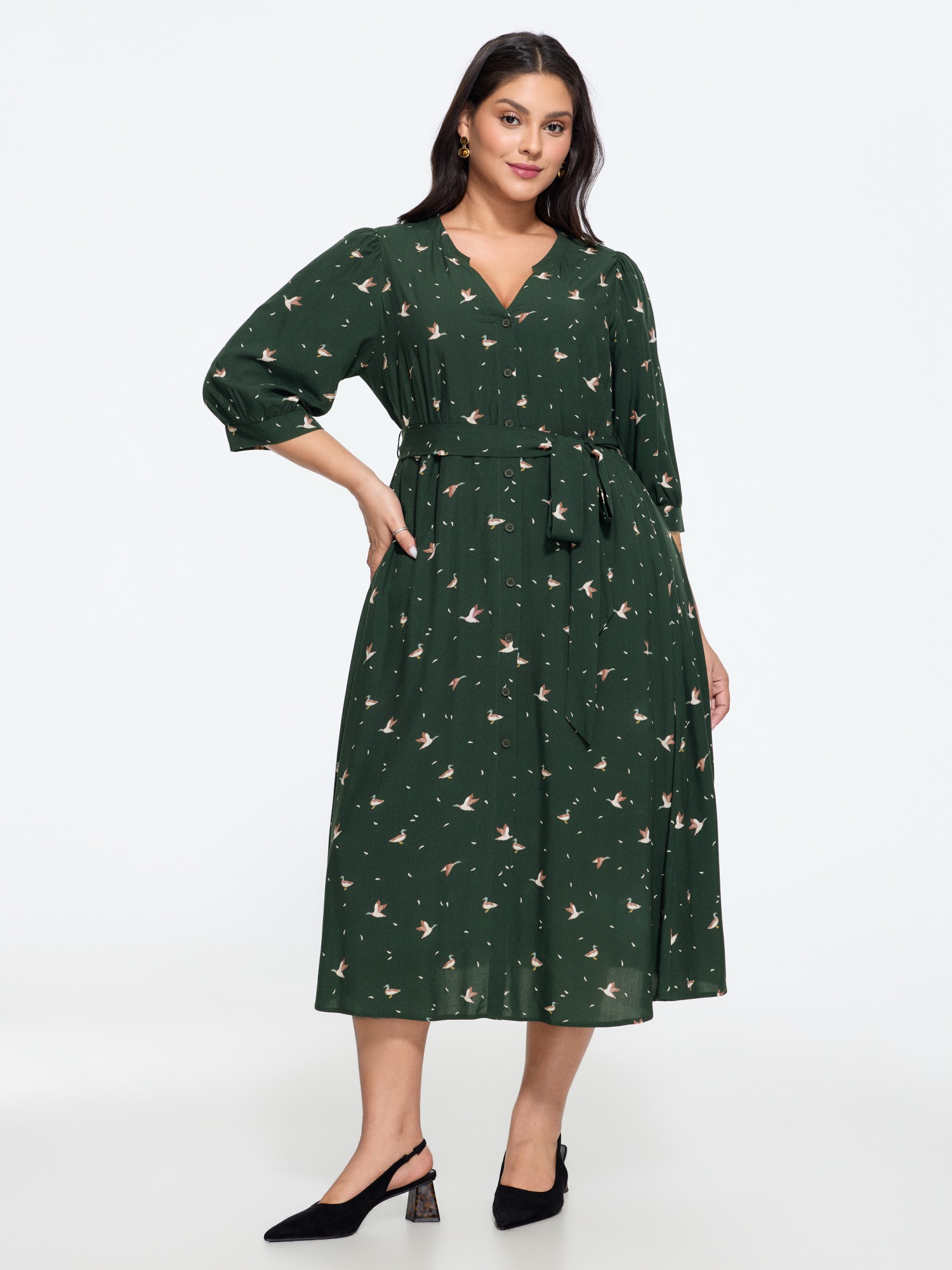 Bloomchic Duck Print Button Front Belted Midi Dress In Darkgreen