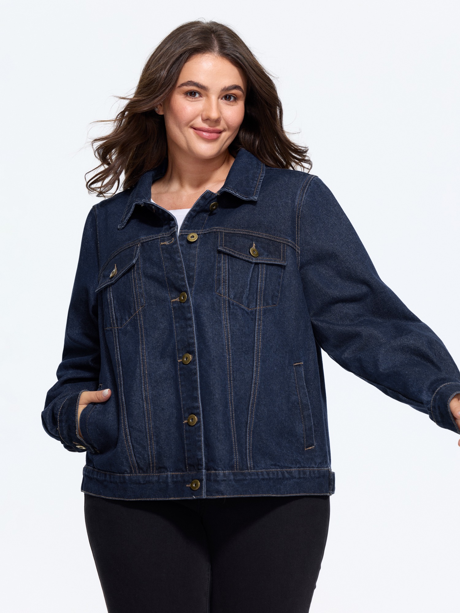 Bloomchic Stretch Classic Lapel Collar Button‑front Denim Jacket In Denim Extra-darkblue