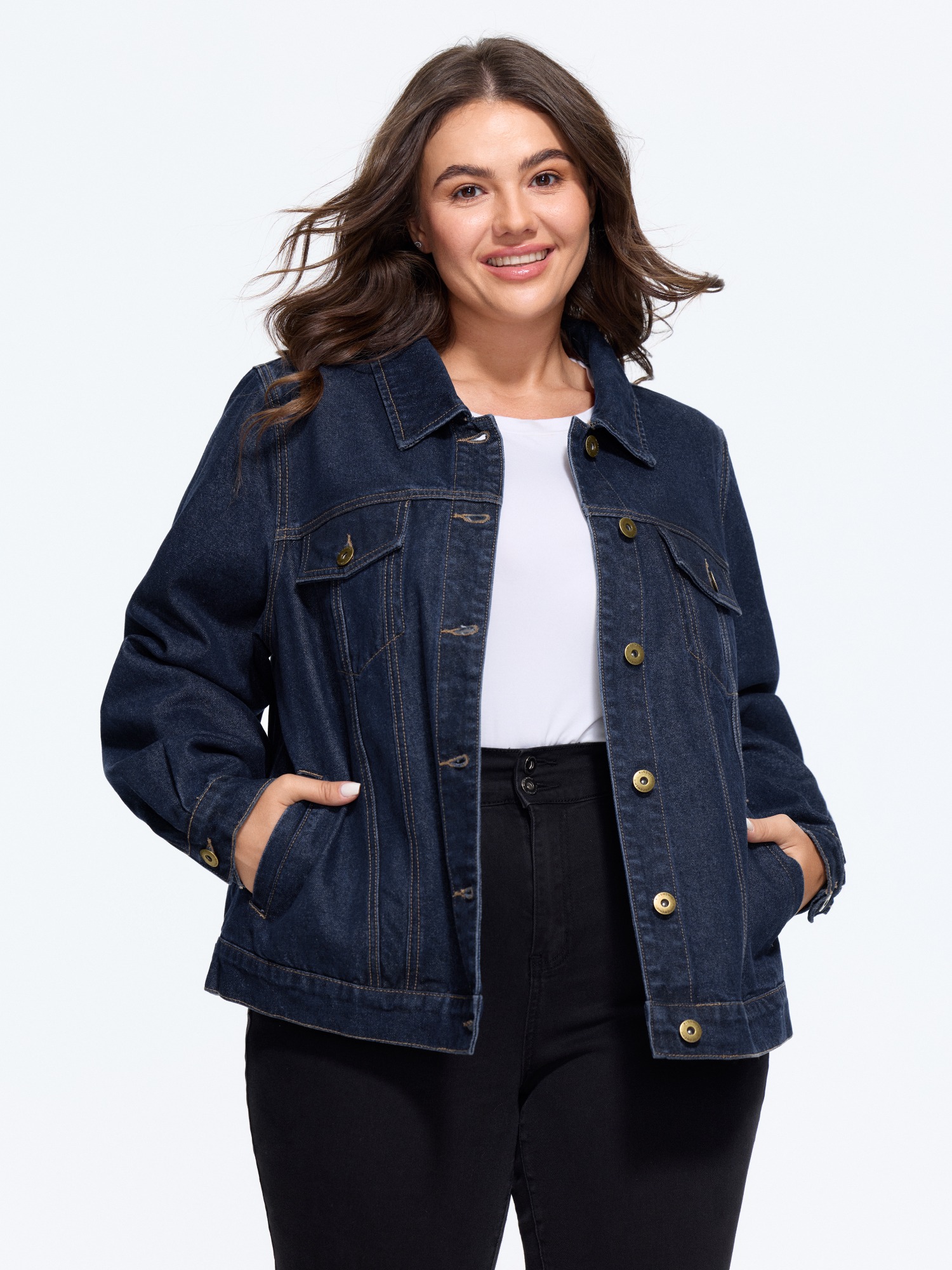 Bloomchic Stretch Classic Lapel Collar Button‑front Denim Jacket In Denim Extra-darkblue
