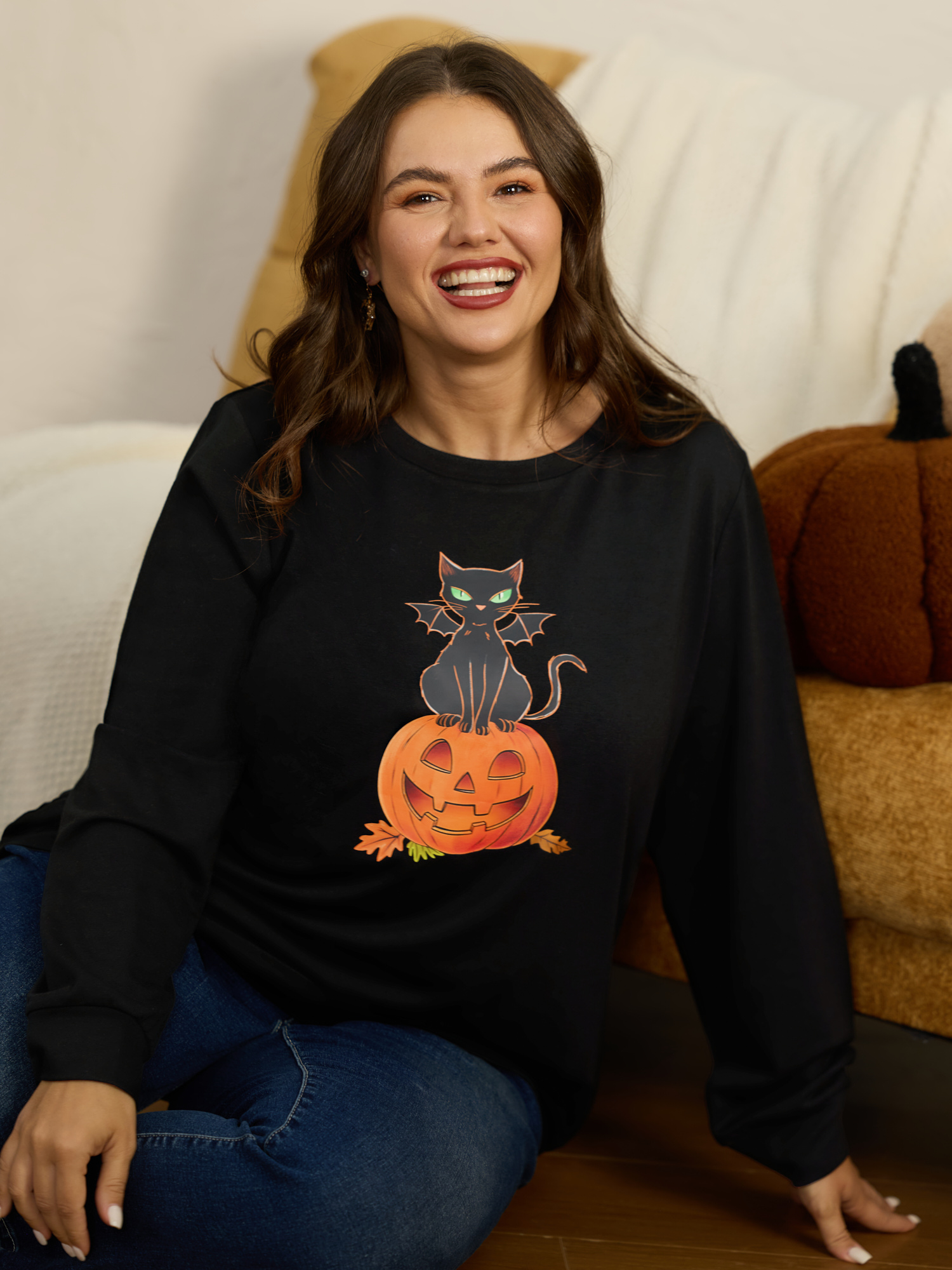 BloomChic Women's Plus Size Halloween Cat Pumpkin Print Crew Neck Sweatshirt Black Halloween Everyday-Casual Round Neck 10/M