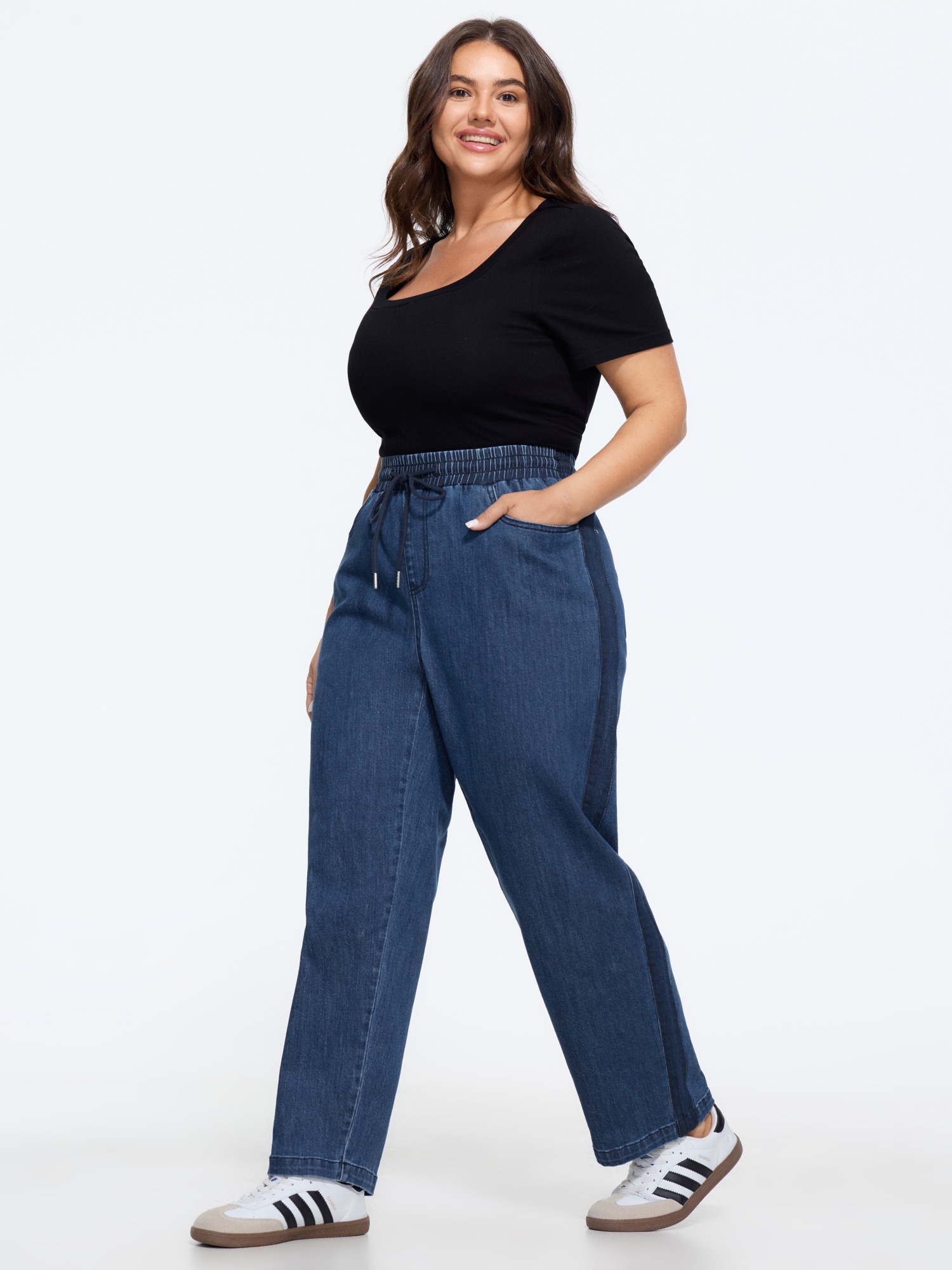Bloomchic Stretch Drawstring Waist Pocket Straight Leg Jeans In Midblue