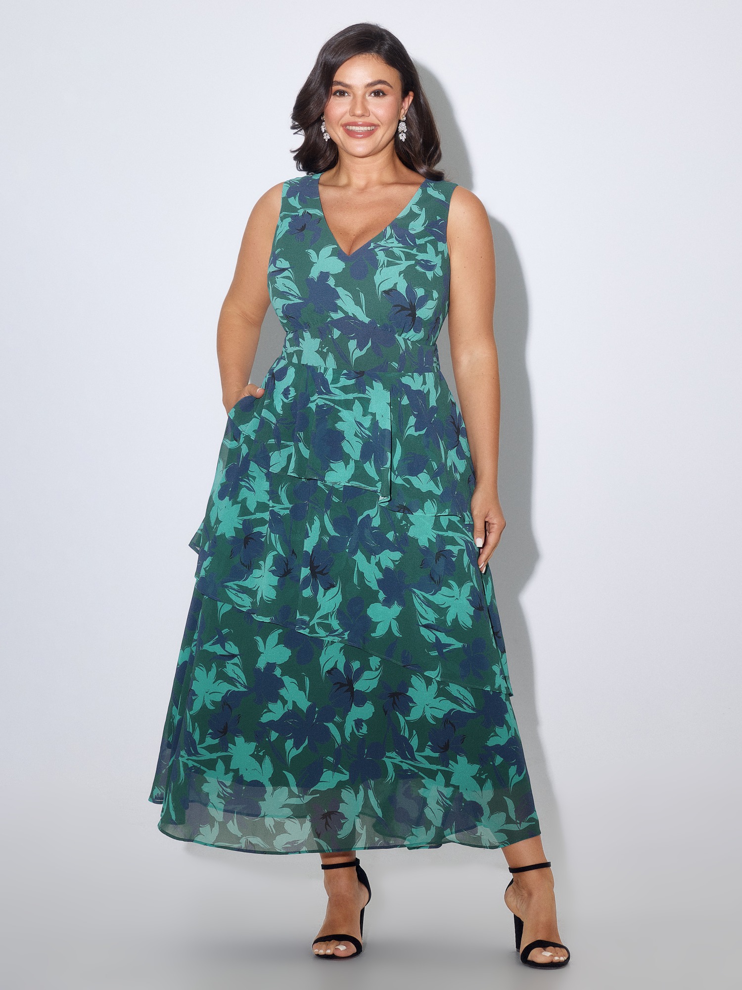 Bloomchic Floral Print Shirred Waist Layered Ruffle Maxi Dress In Arctic