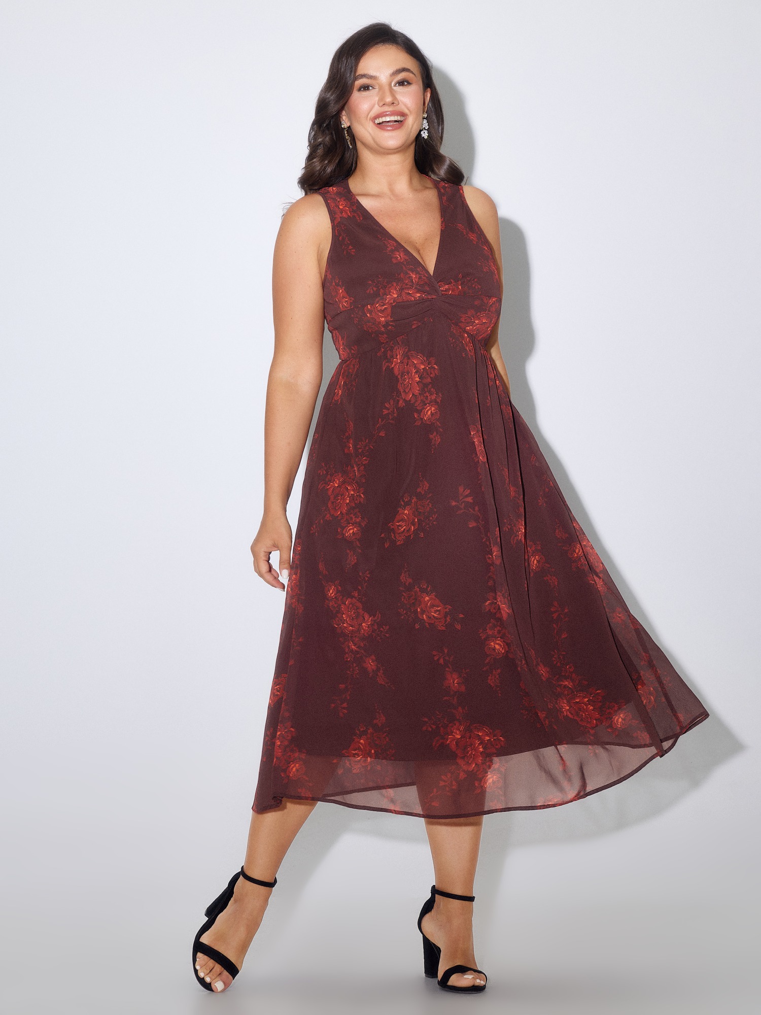 Bloomchic Floral Print Twist Front Sleeveless Maxi Dress In Deepred