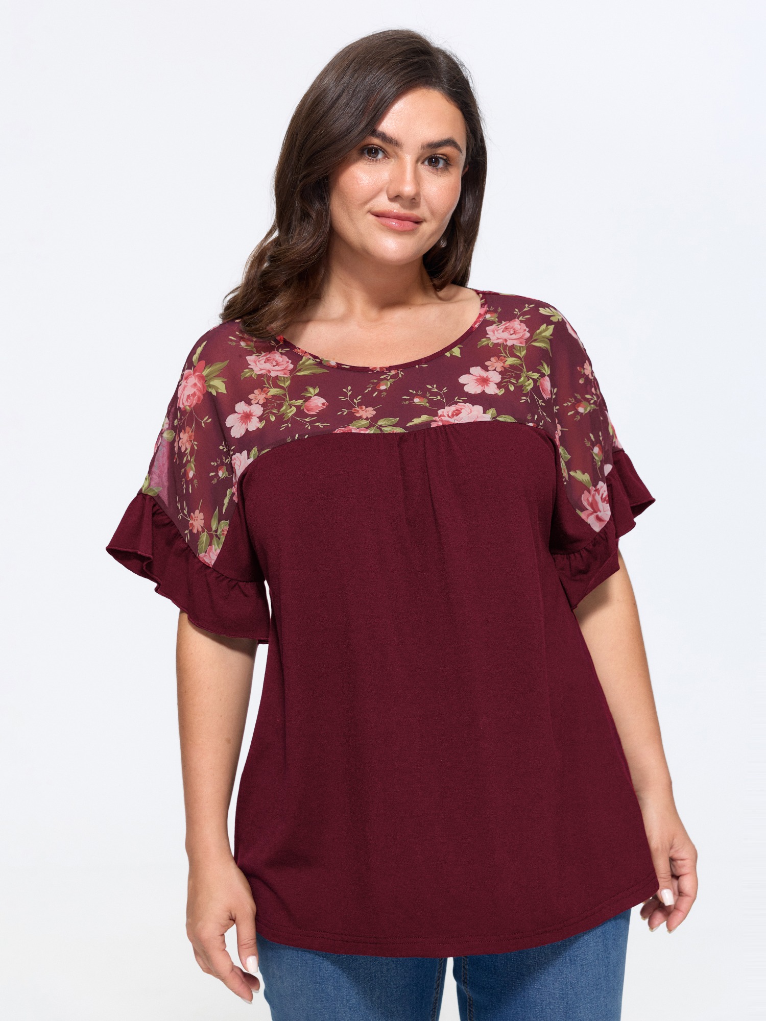 BloomChic Women's Plus Size Supersoft Floral Print Ruffle Sleeve Patchwork Top Merlot Short sleeve Everyday-Elegant Round Neck 10/M