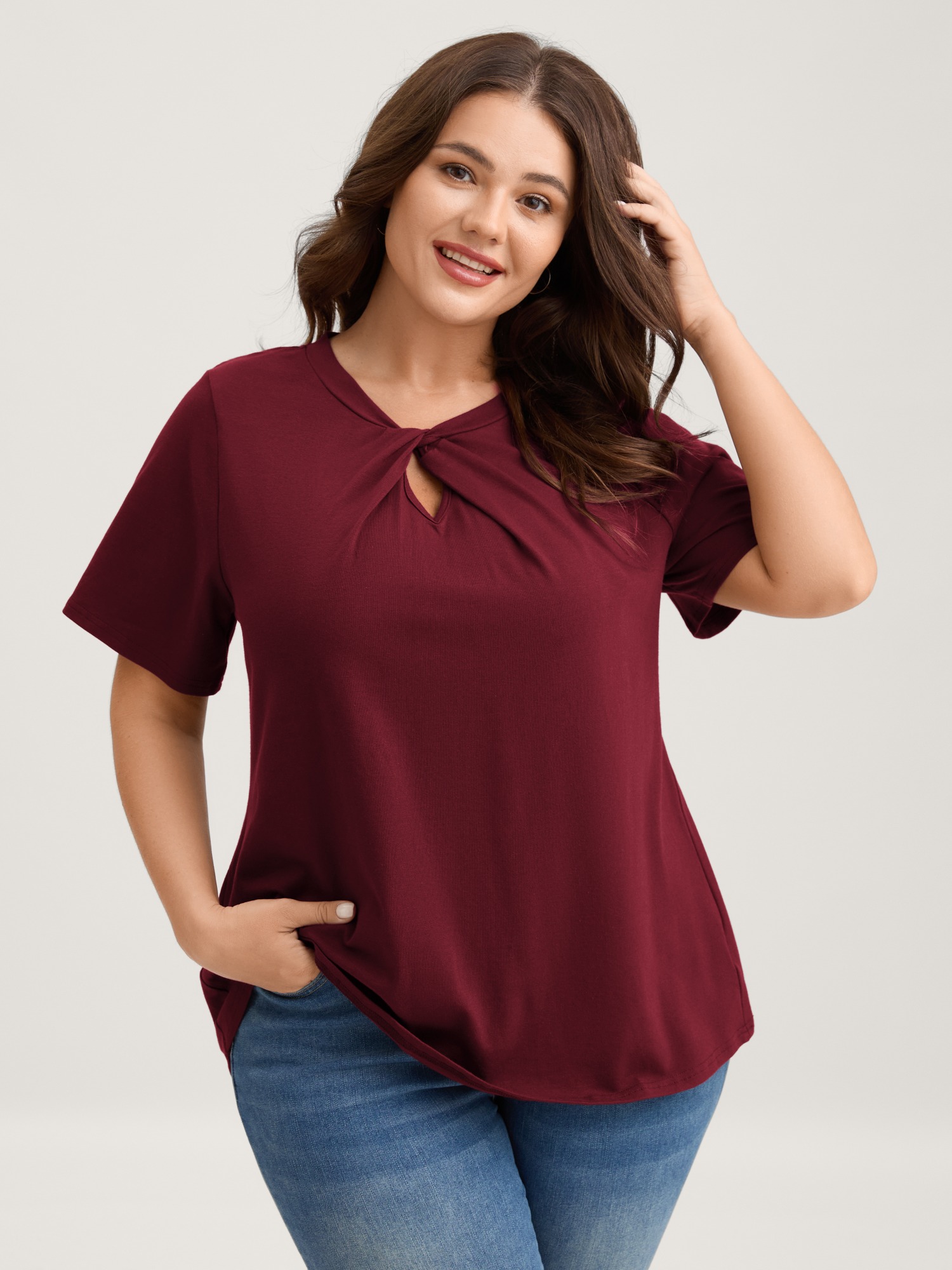 BloomChic Women's Plus Size Knotted Cut-Out Neckline Solid T-Shirt Merlot Solid Everyday-Elegant Short sleeve Asymmetrical Neckline 10/M
