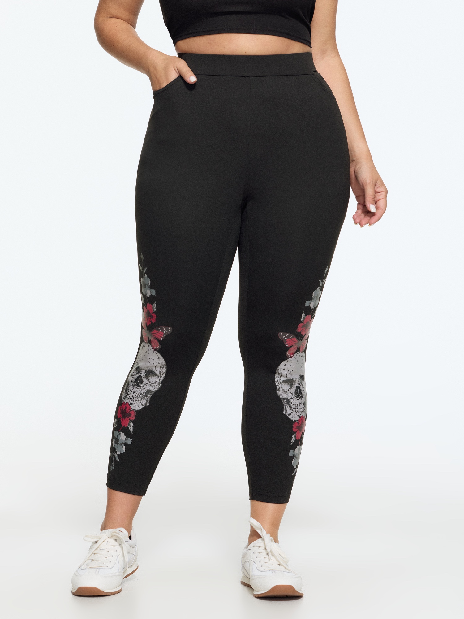 Bloomchic Stretch Gothic Skull Floral Butterfly Print Leggings In Black