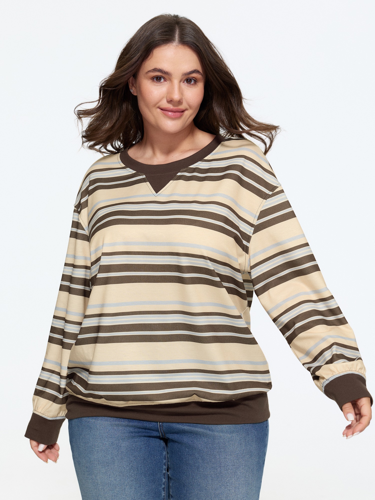 Bloomchic Crew Neck Color Contrast Striped Sweatshirt In Champagne