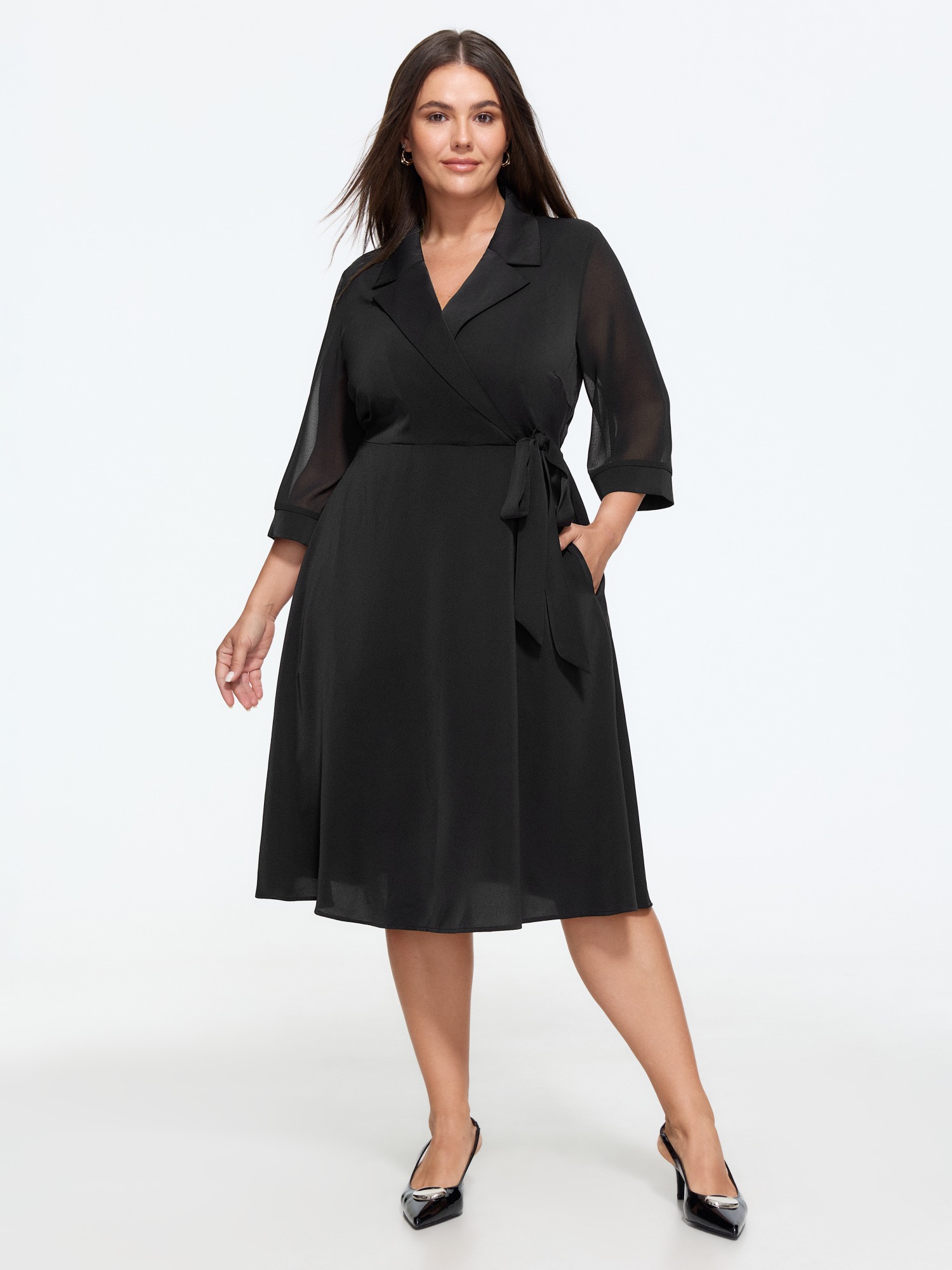 Bloomchic Sheer Wrap Tie‑waist Midi Dress In Black