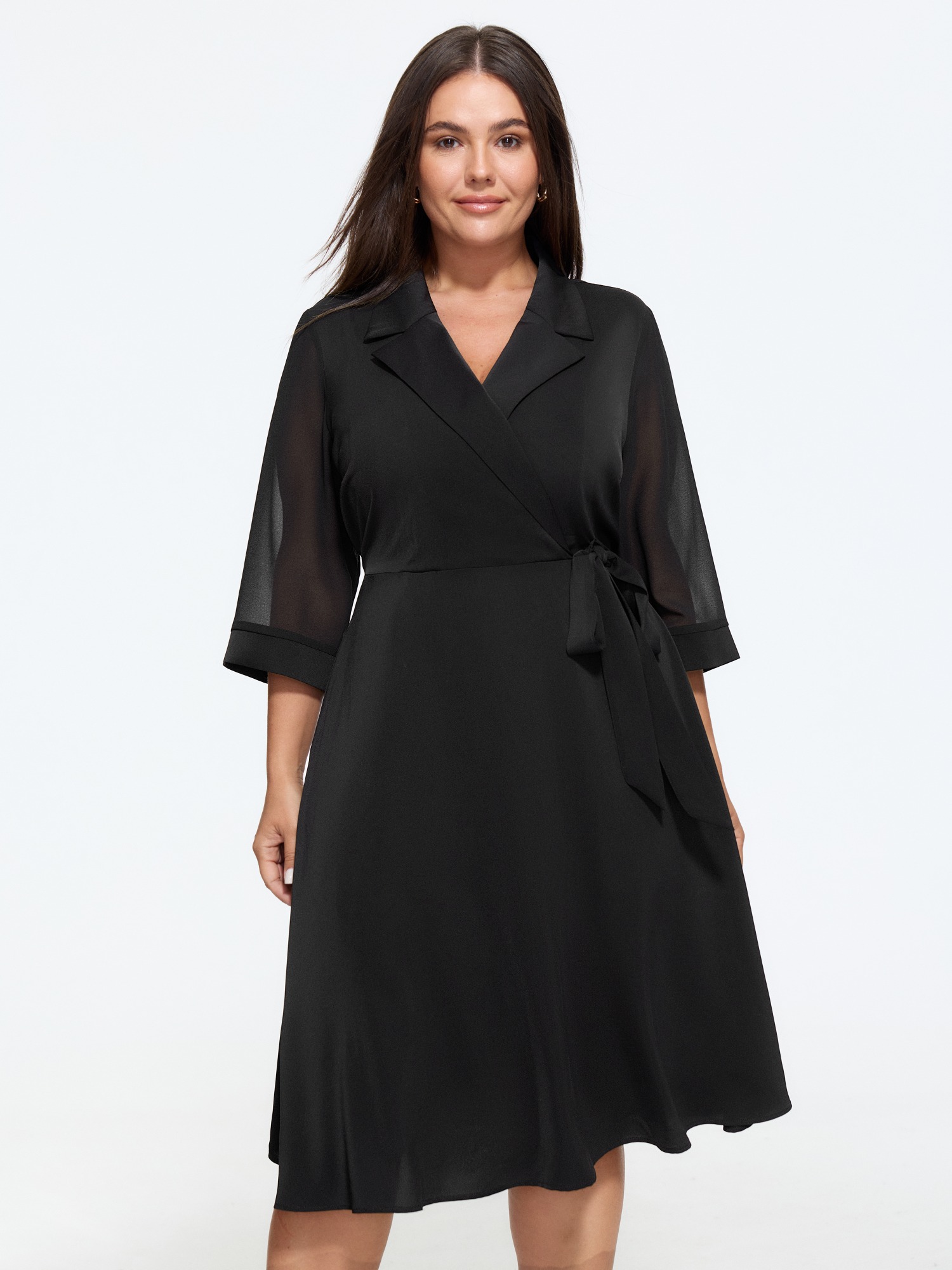 BloomChic Women's Plus Size Sheer Wrap Tie‑Waist Midi Dress Black Solid Midi Office Non 10/M