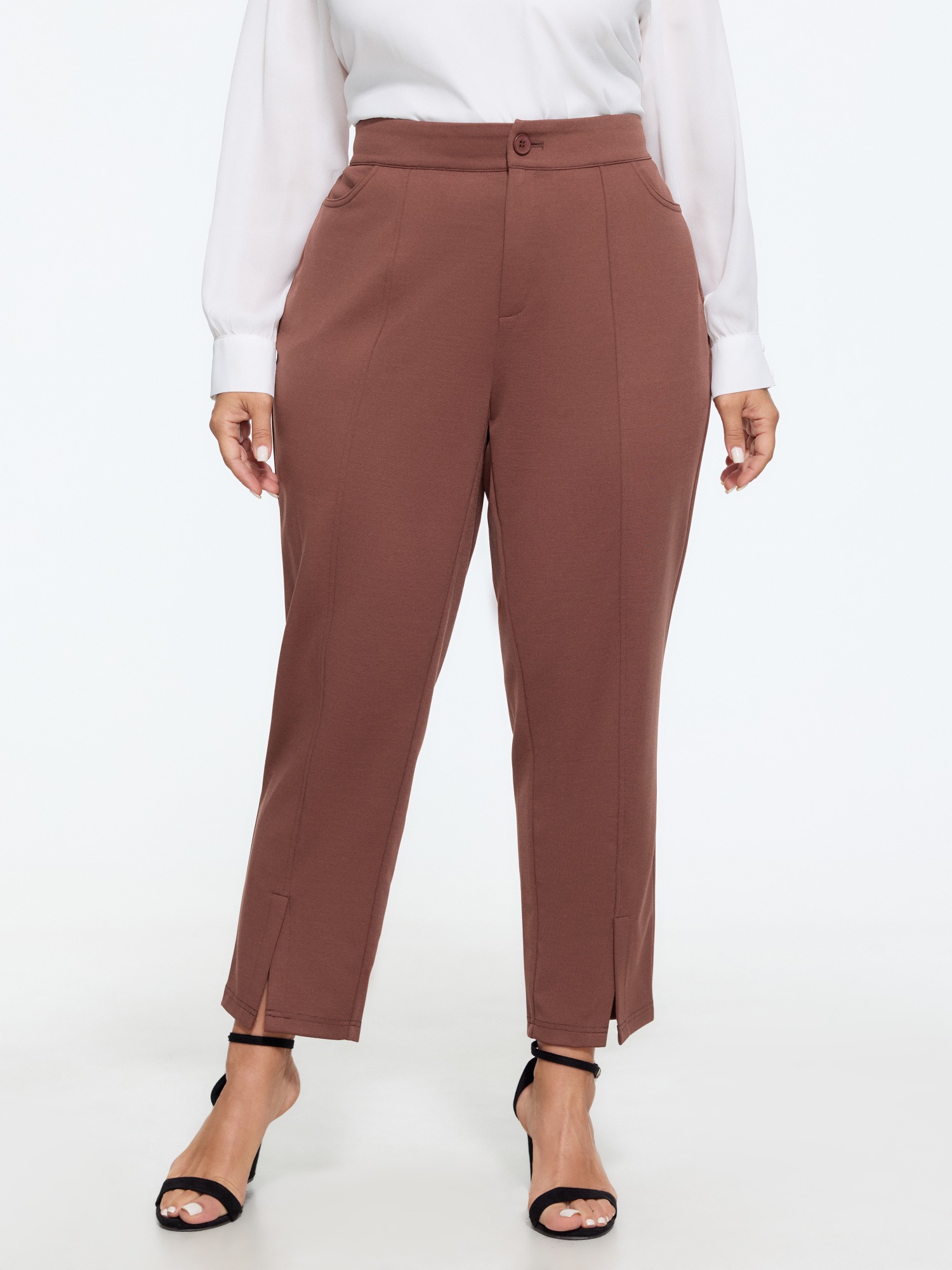 Bloomchic Stretch Front Seam Split Hem Straight Leg Pants In Browncoffeecolor
