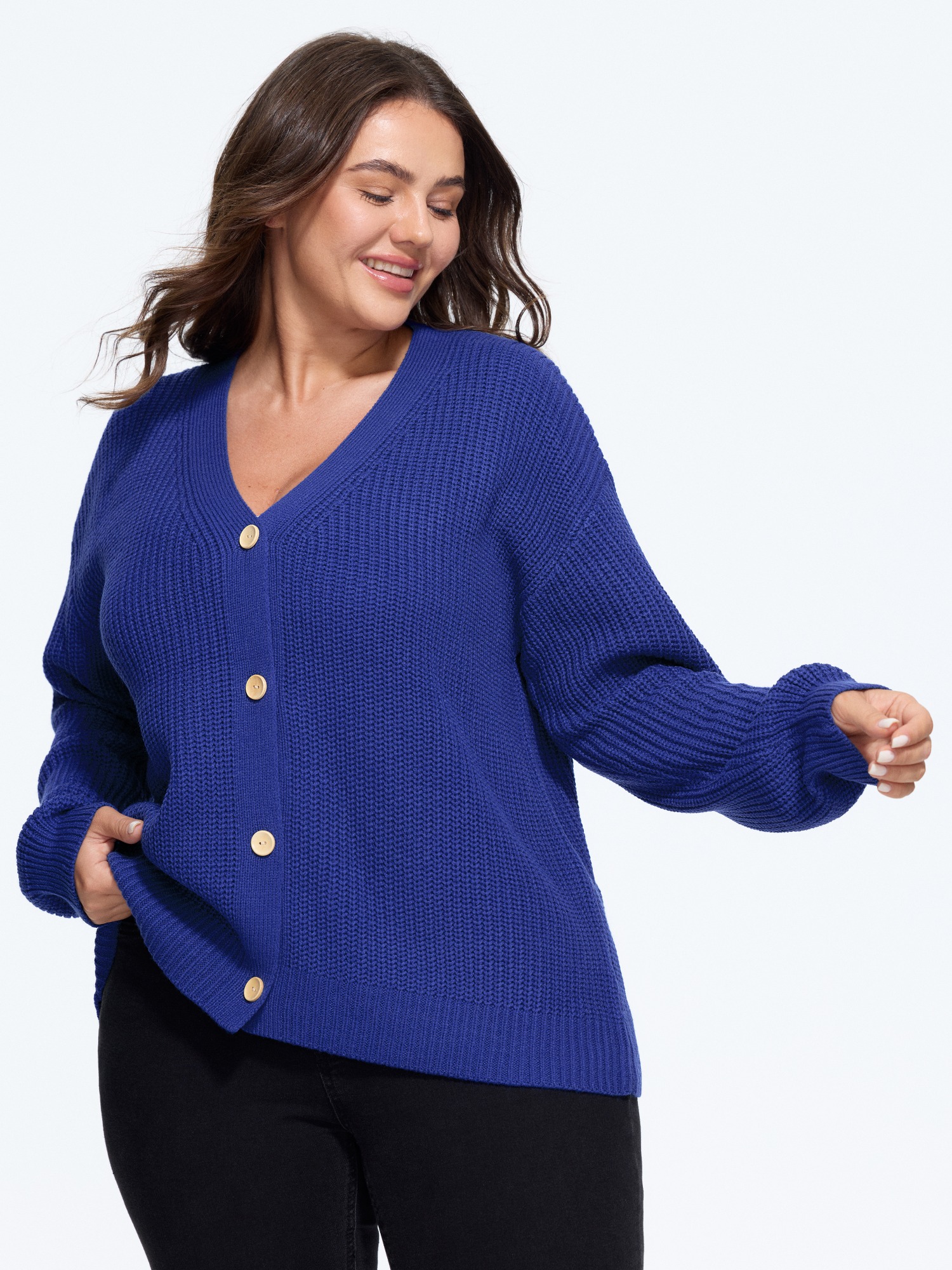 Bloomchic V Neck Button Down Cardigan In Navy