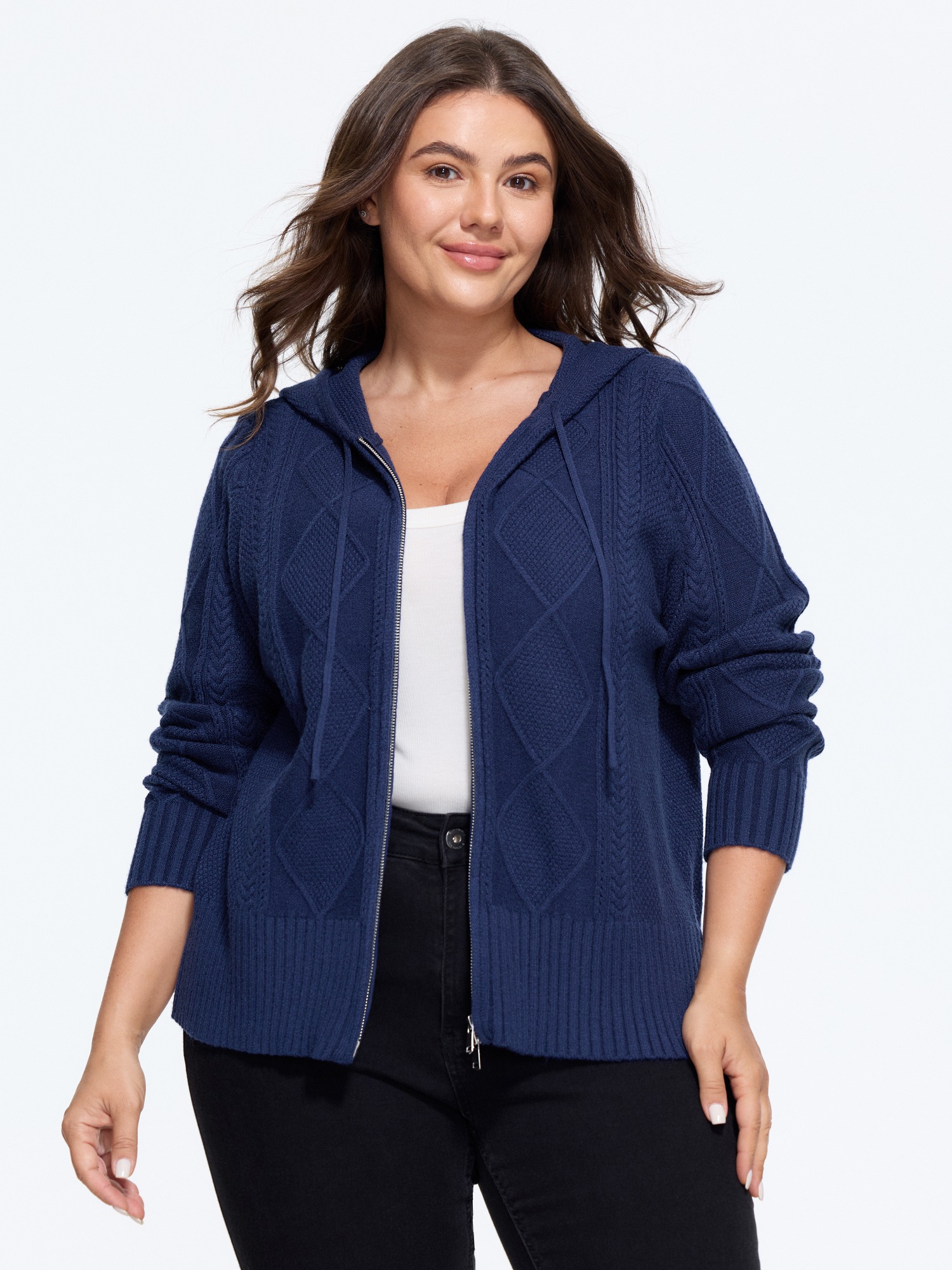 Bloomchic Supersoft Full Zip Cable Knit Hooded Cardigan In Indigo