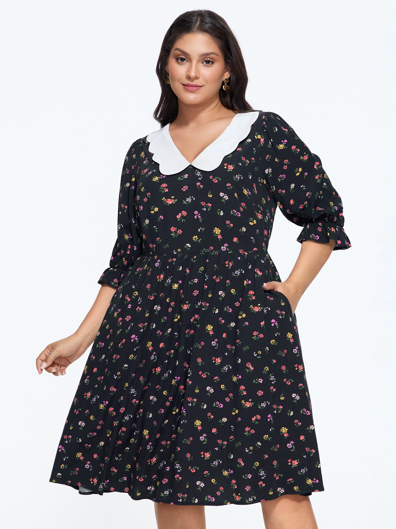 Bloomchic Floral Print Scalloped Collar Mini Dress In Black