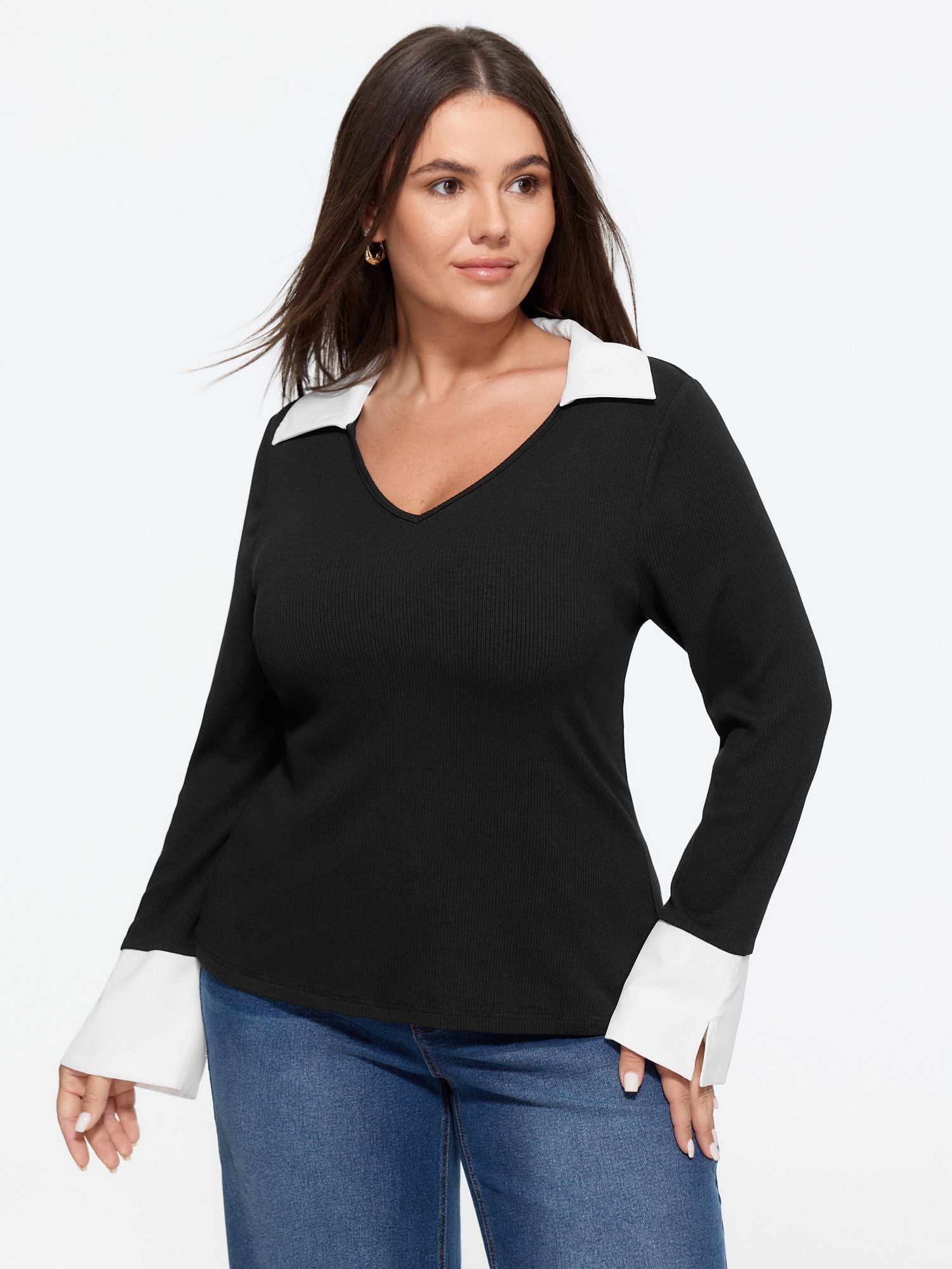 Bloomchic Contrast Collar Ribbed Knit Top In Black