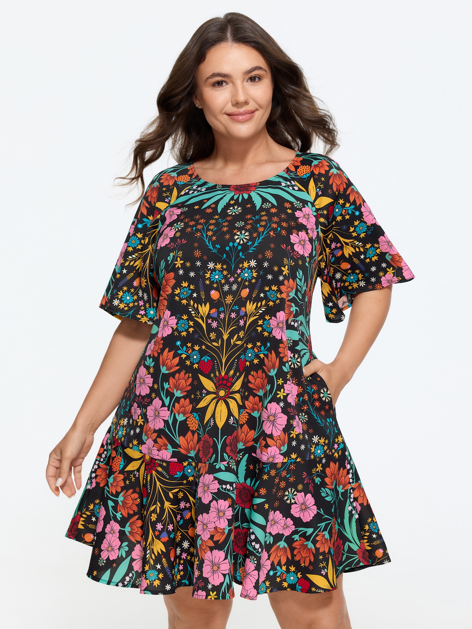 Bloomchic Vibrant Floral Print Round Neck Mini Dress In Black