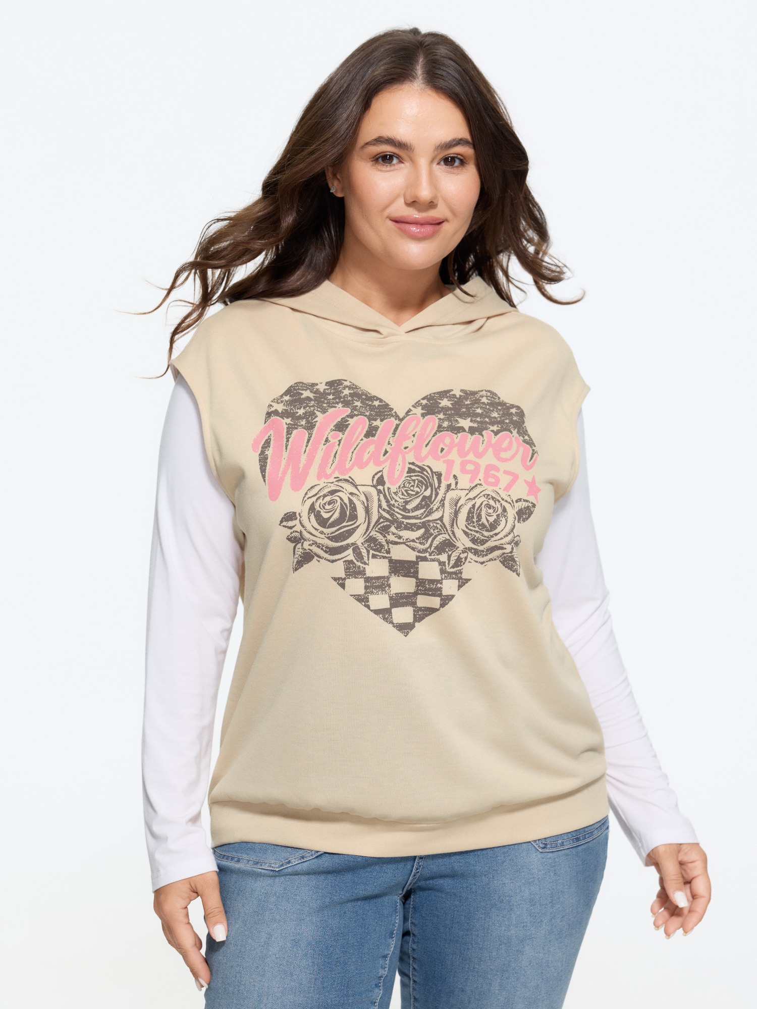 Bloomchic Retro Heart Rose Print Hooded Tank Top In Beige