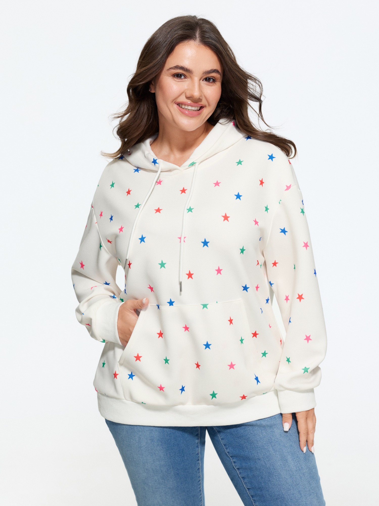 Bloomchic Stretch Star Print Pocket Hooded Sweatshirt In Ivory