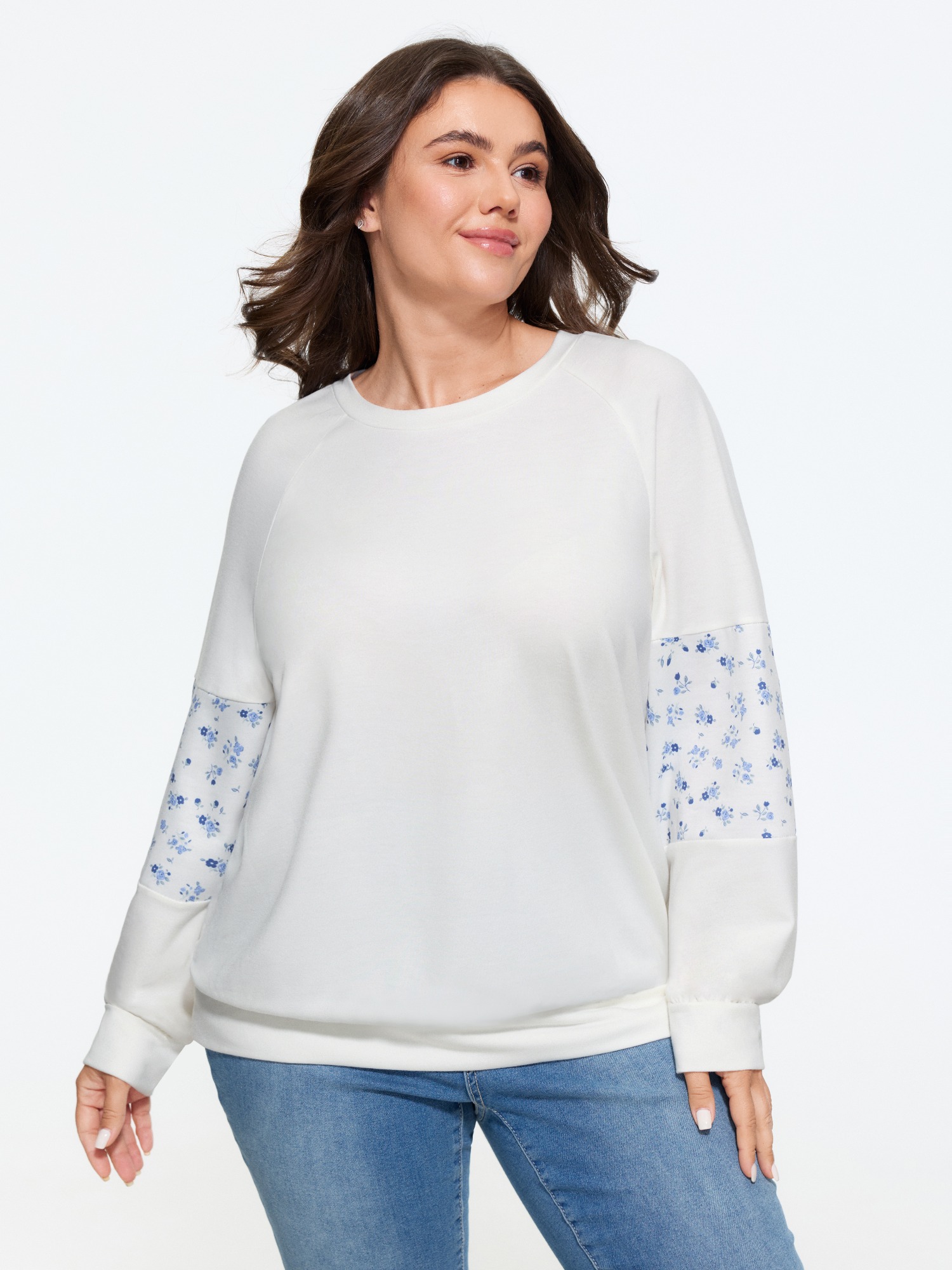 Bloomchic Floral Patchwork Sleeve Loose Fit Sweatshirt In Originalwhite