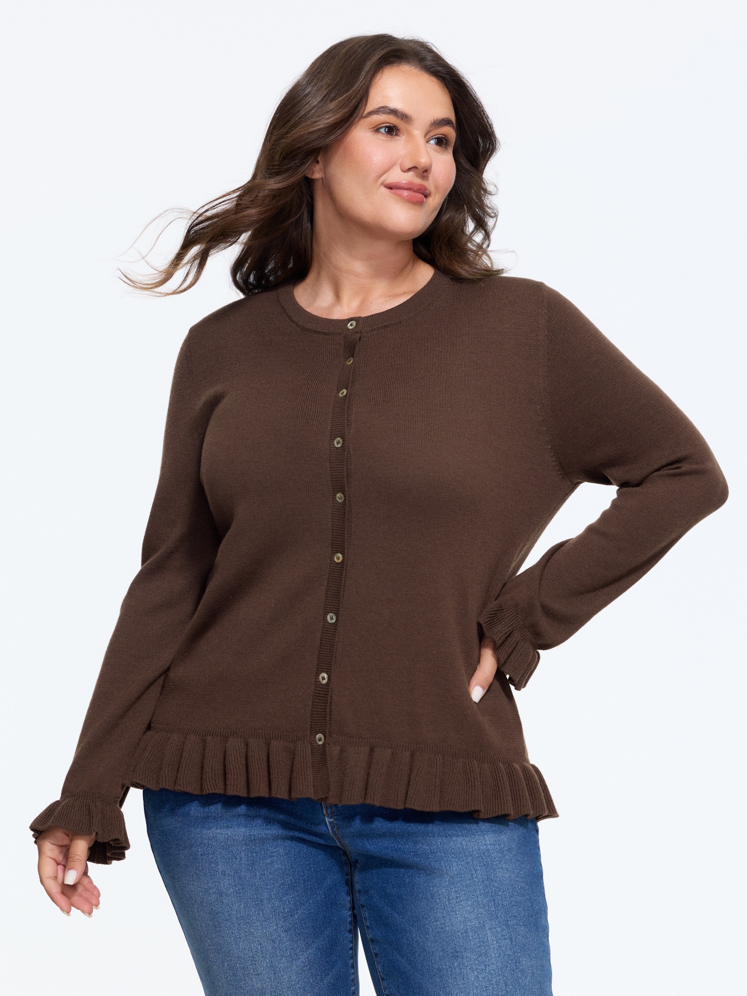 Bloomchic Crew Neck Ruffle Hem Button Front Cardigan In Browncoffeecolor