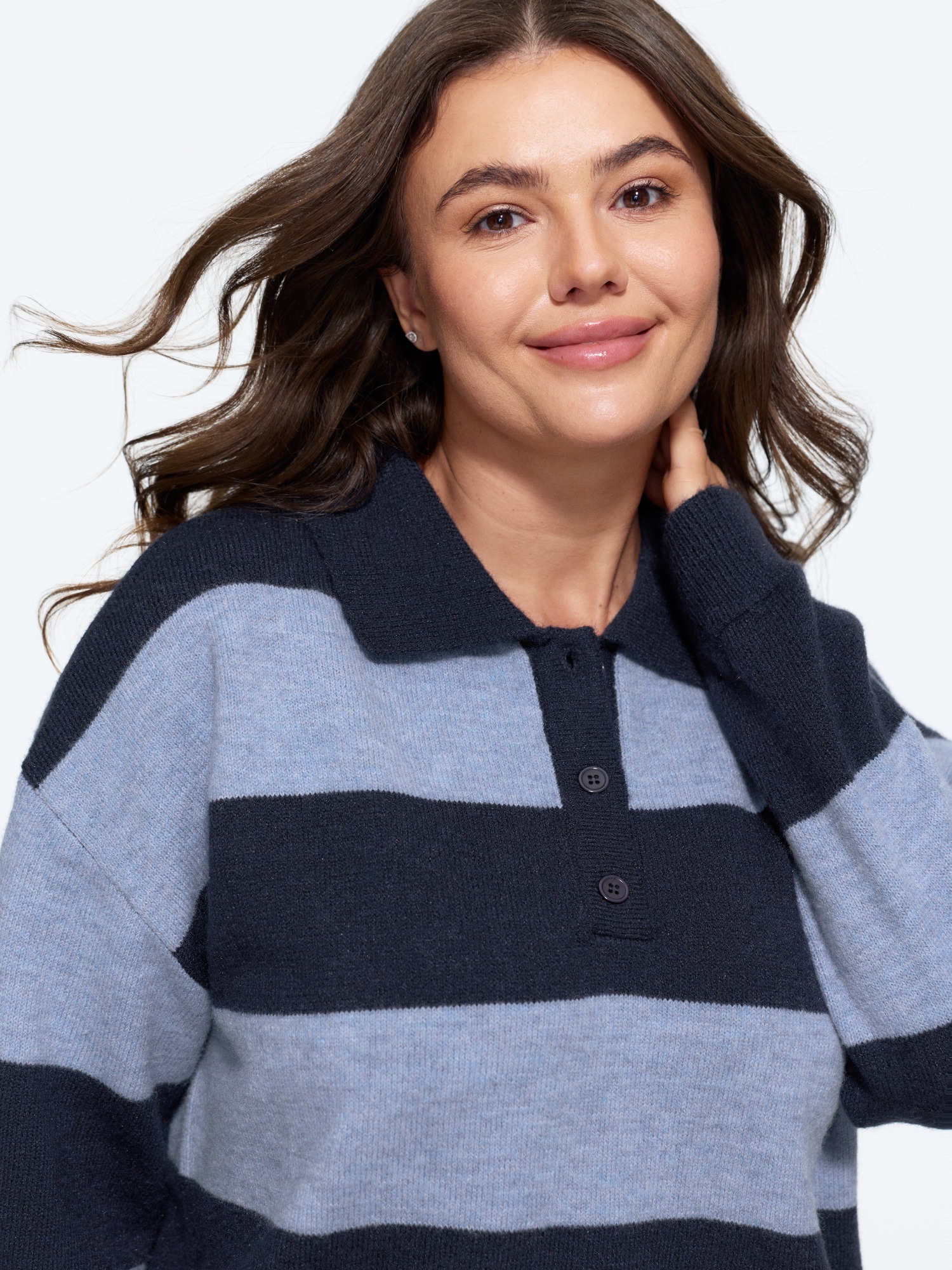 BloomChic Women's Plus Size Color Block Stripe Button Front Pullover LightBlue Long Sleeve Polo Collar 10/M