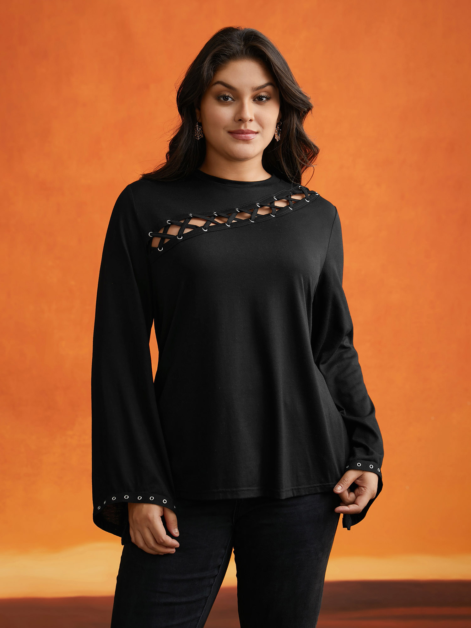 BloomChic Plus Size Peek-A-Boo Cut-Out Neckline T-shirt - Women's Black Solid Round Neck Comfort Sleeve Fit Long Sleeve Americana Daily T-shirts 26-28/3X