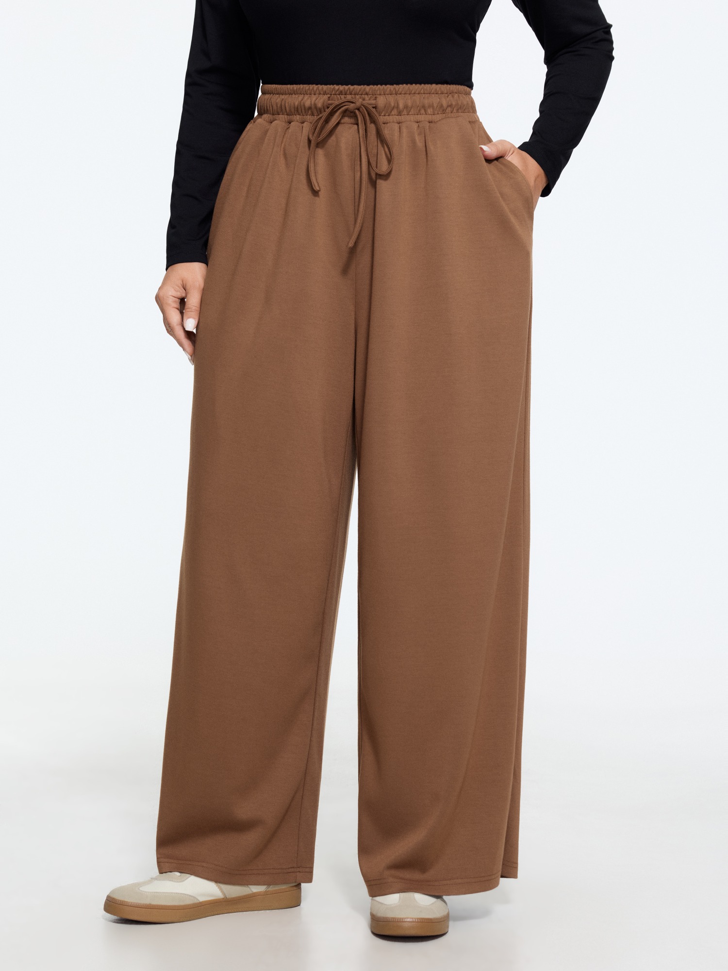 BloomChic Women's Plus Size Supersoft Stretch Drawstring Waist Wide Leg Pants Yellowishbrown Solid Wide leg Mid Rise 22-24/3X