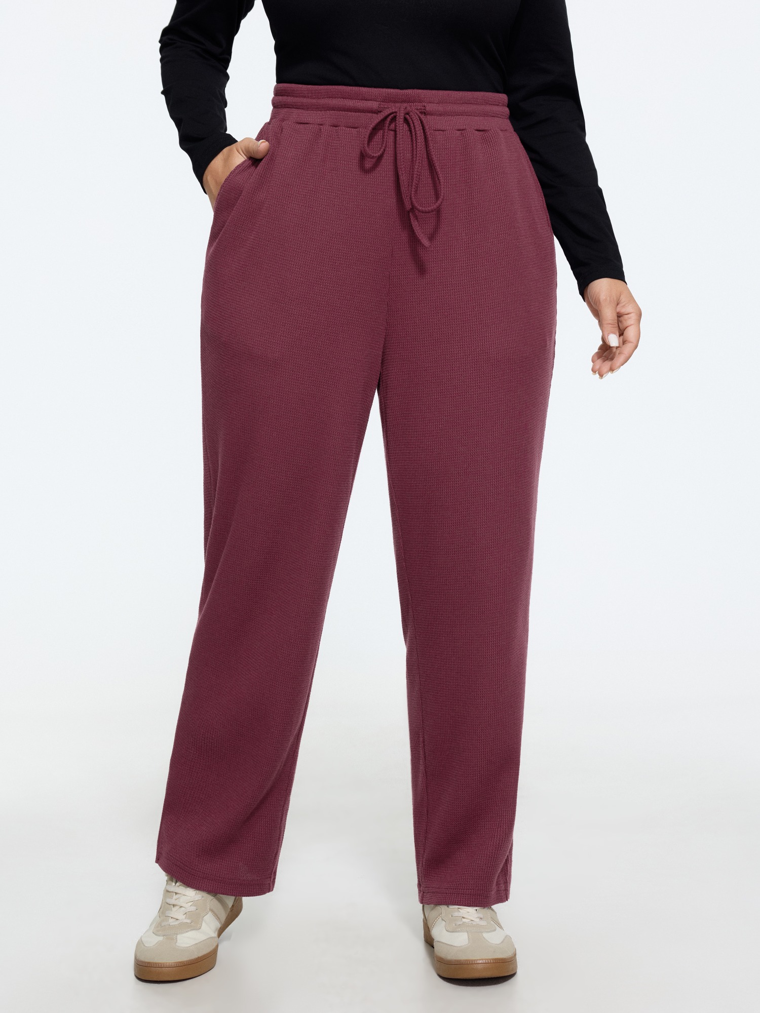 BloomChic Women's Plus Size Stretch Drawstring Waist Waffle Knit Straight Leg Pants Burgundy Solid Straight fit Mid Rise 10/M