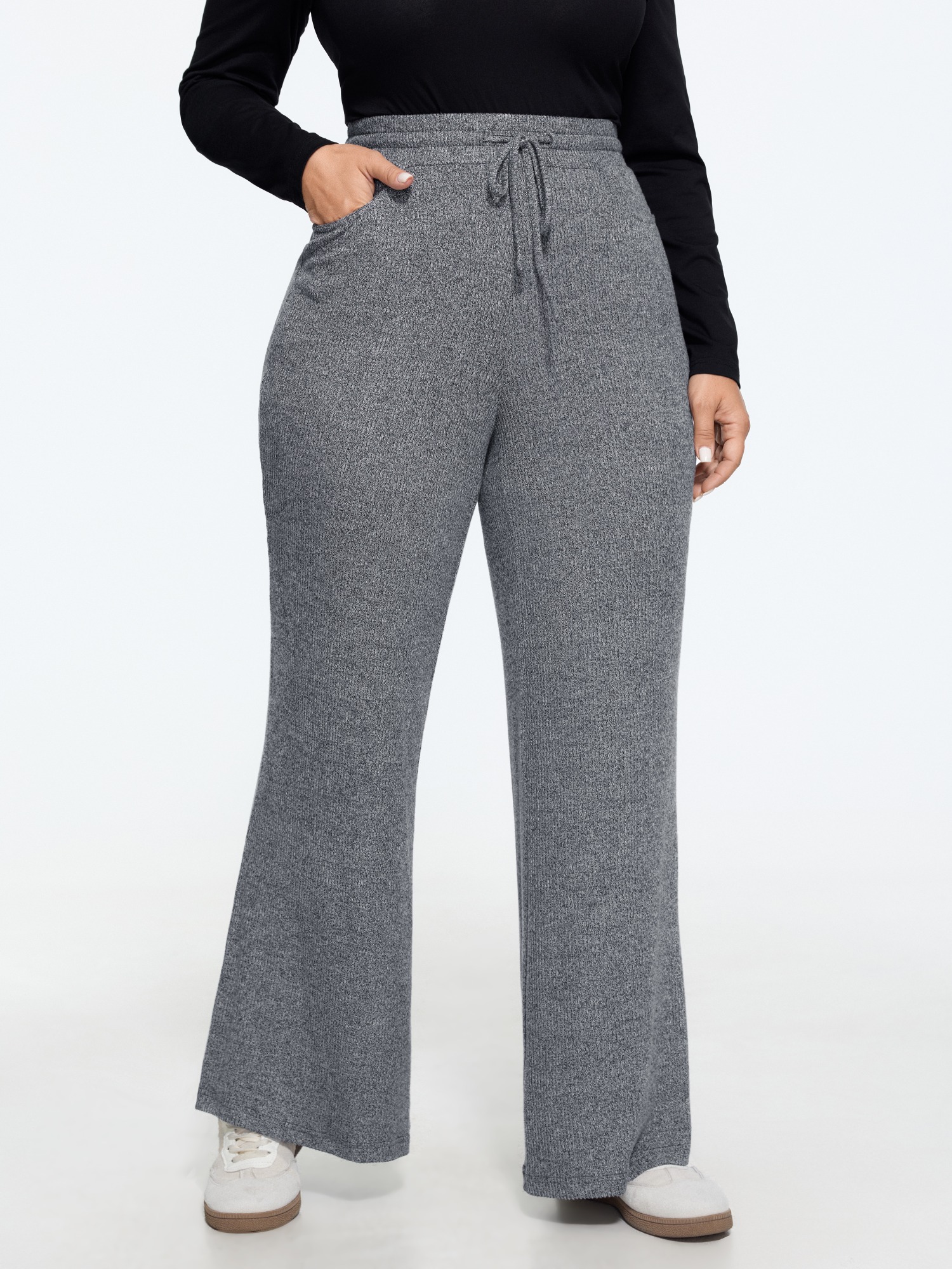 BloomChic Women's Plus Size Supersoft Drawstring Waist Ribbed Knit Pants DimGray Marled / Heathered Slight flare Mid Rise 10/M