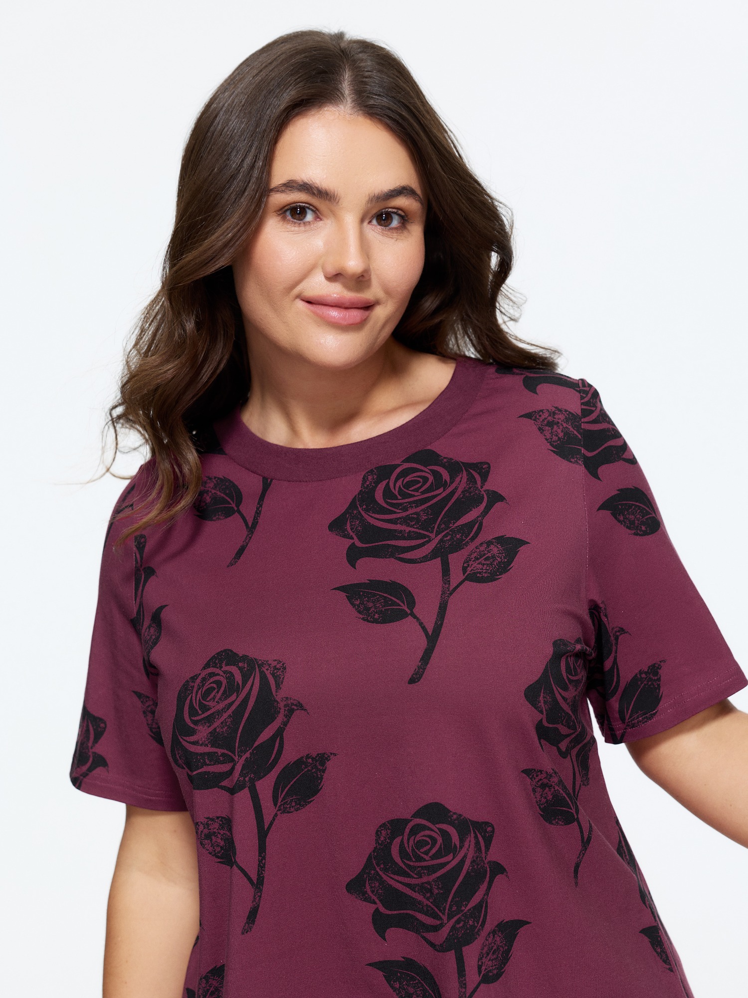 BloomChic Women's Plus Size Cotton Vintage Rose Print Crew Neck T‑Shirt Burgundy Floral Everyday-Casual Short sleeve Round Neck 10/M