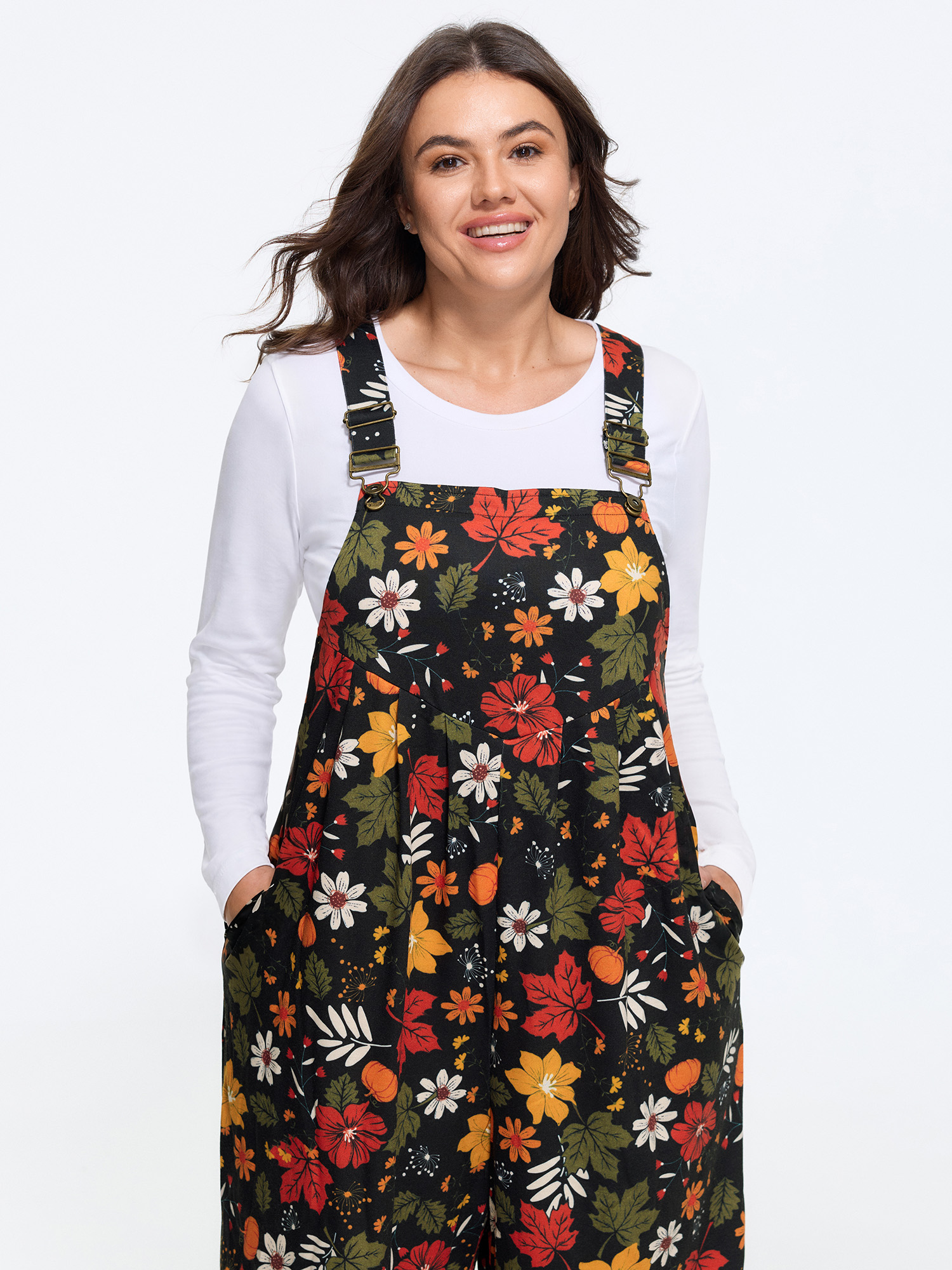 BloomChic Women's Plus Size Retro Fall Print Relaxed Fit Jumpsuit Black Everyday-Casual 10/M