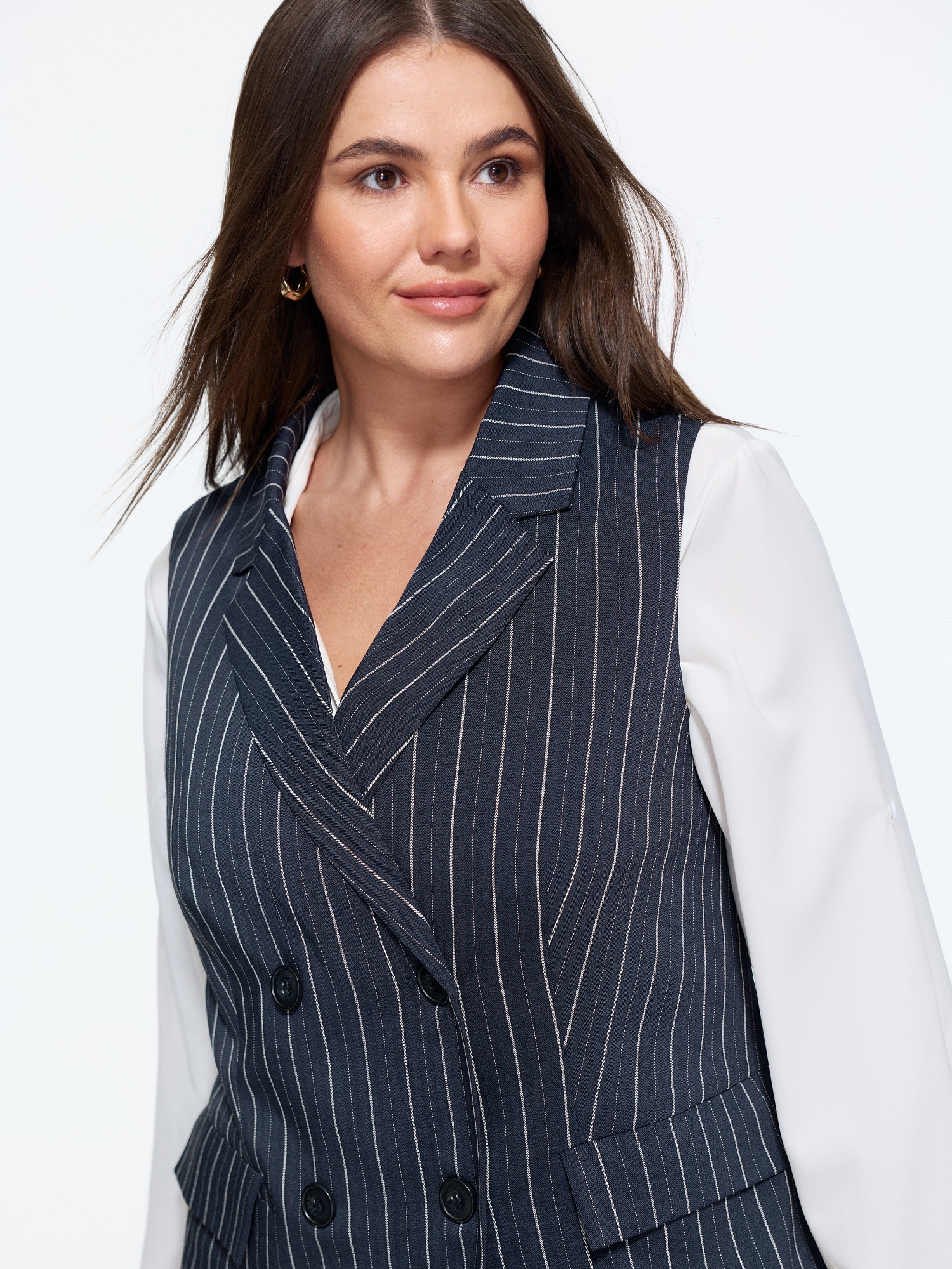 BloomChic Women's Plus Size Pinstripe Double Breasted Blazer Vest Indigo Button Front 10/M