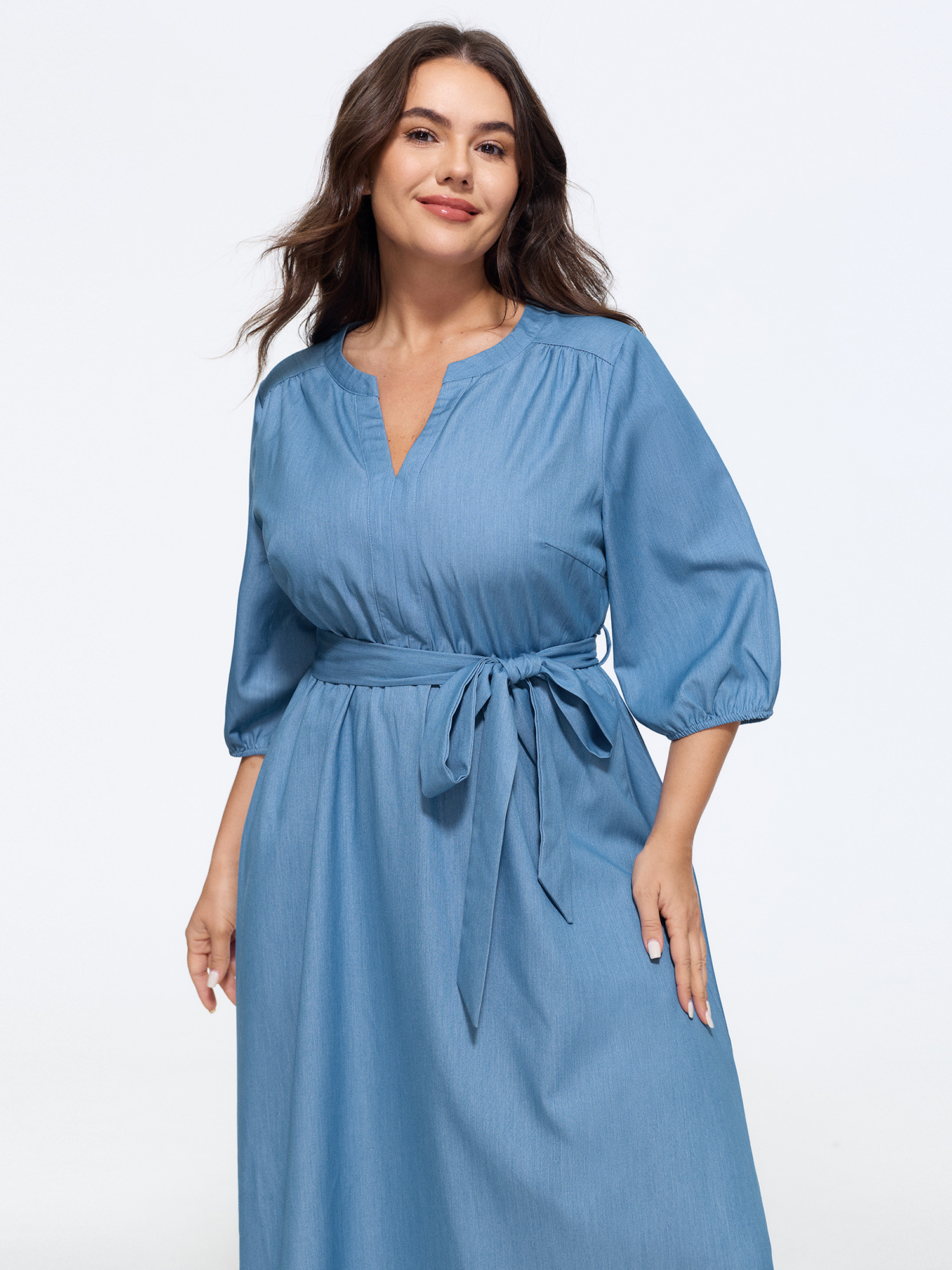 BloomChic Women's Plus Size Supersoft Notched Collar Tie Waist Faux Denim Midi Dress Denimblue Solid Midi Everyday-Casual Lace-Up 10/M