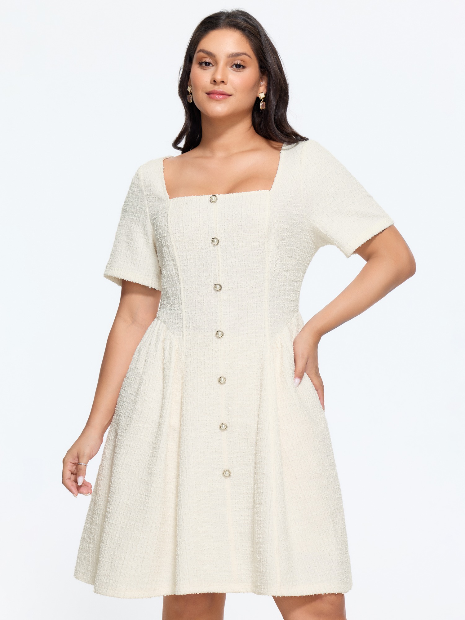 BloomChic Women's Plus Size Tweed Square Neck Button Front Mini Dress Ivory Solid Mini Everyday-Elegant Button Front 28/5X