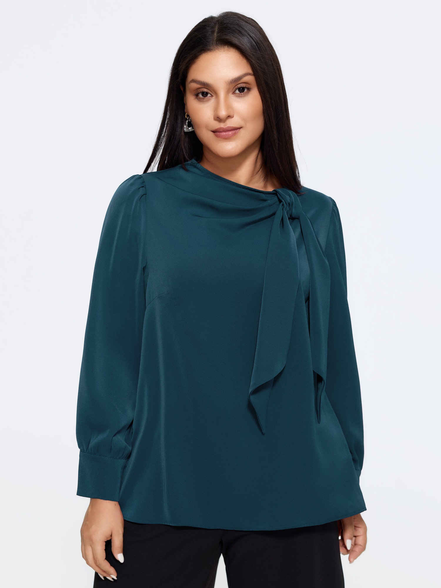 BloomChic Women's Plus Size Satin Cowl Neck Tie Bow Long Sleeve Blouse Sailor Blue Solid Office Long Sleeve Knotted Neckline 10/M