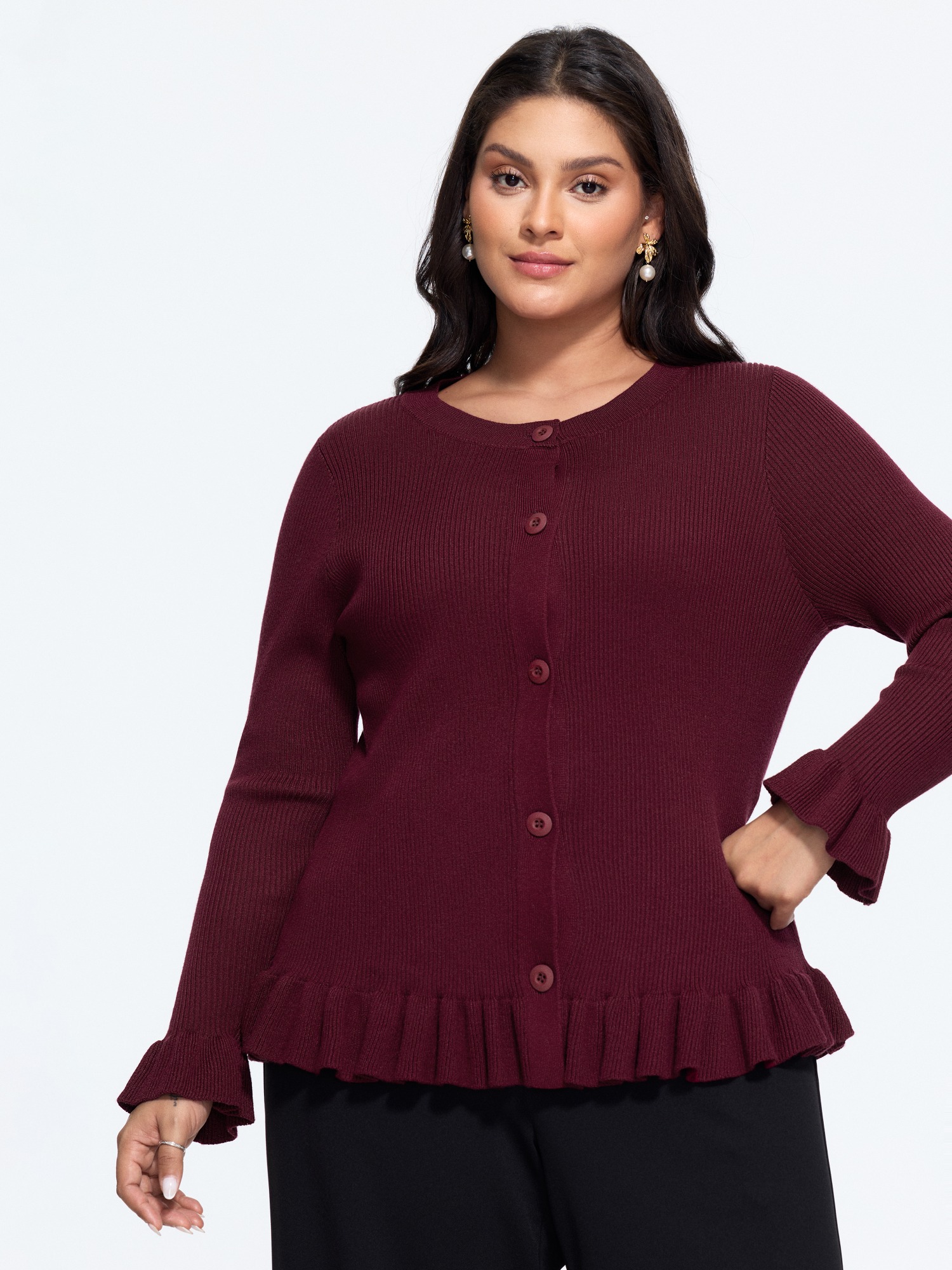 BloomChic Women's Plus Size Round Neck Ruffle Hem Button‑Down Ribbed Knit Cardigan Deepred Long Sleeve Round Neck 10/M