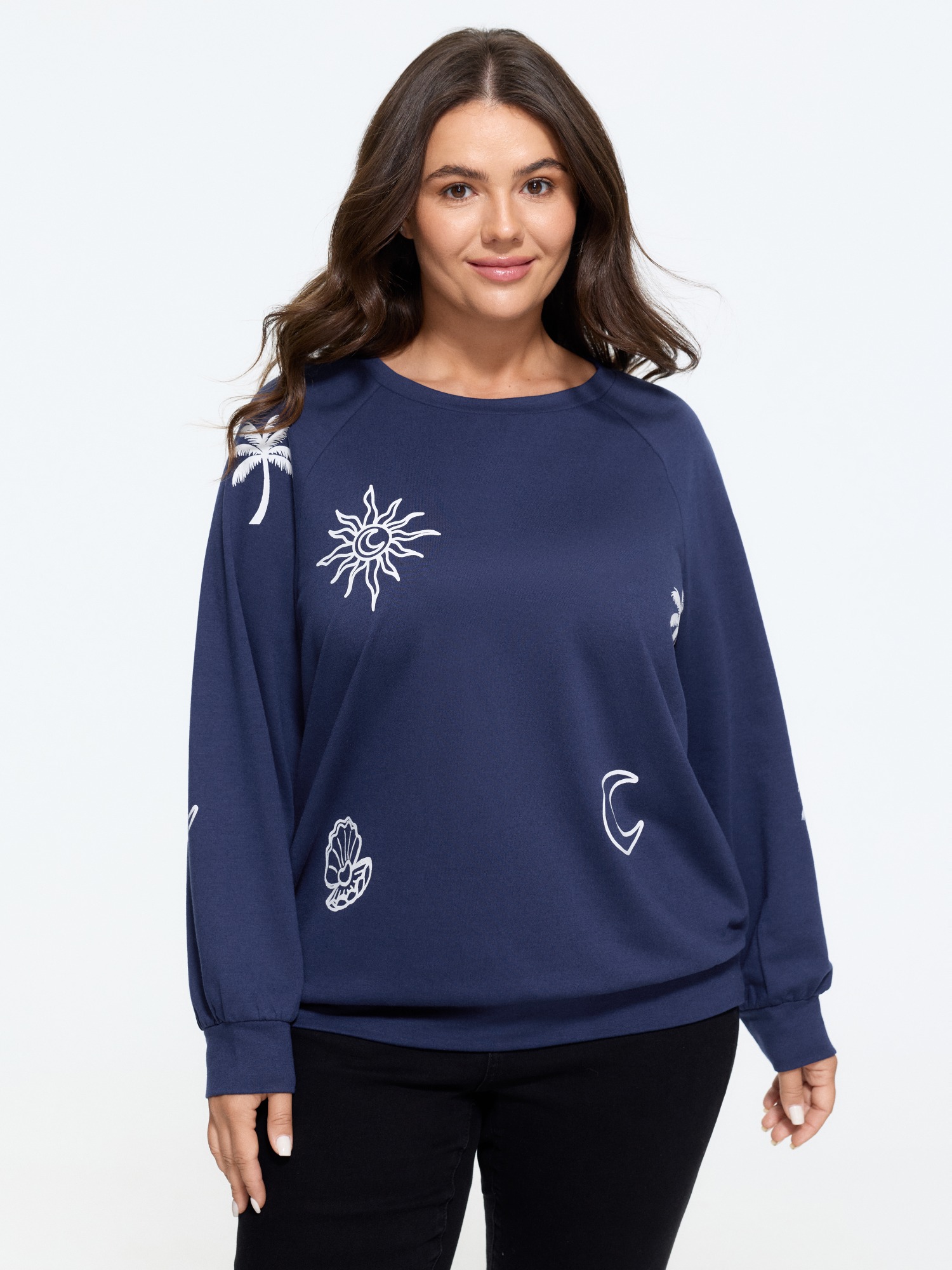BloomChic Women's Plus Size Sun Moon Coconut Tree Print Raglan Sleeve Sweatshirt Indigo Everyday-Casual Round Neck 10/M