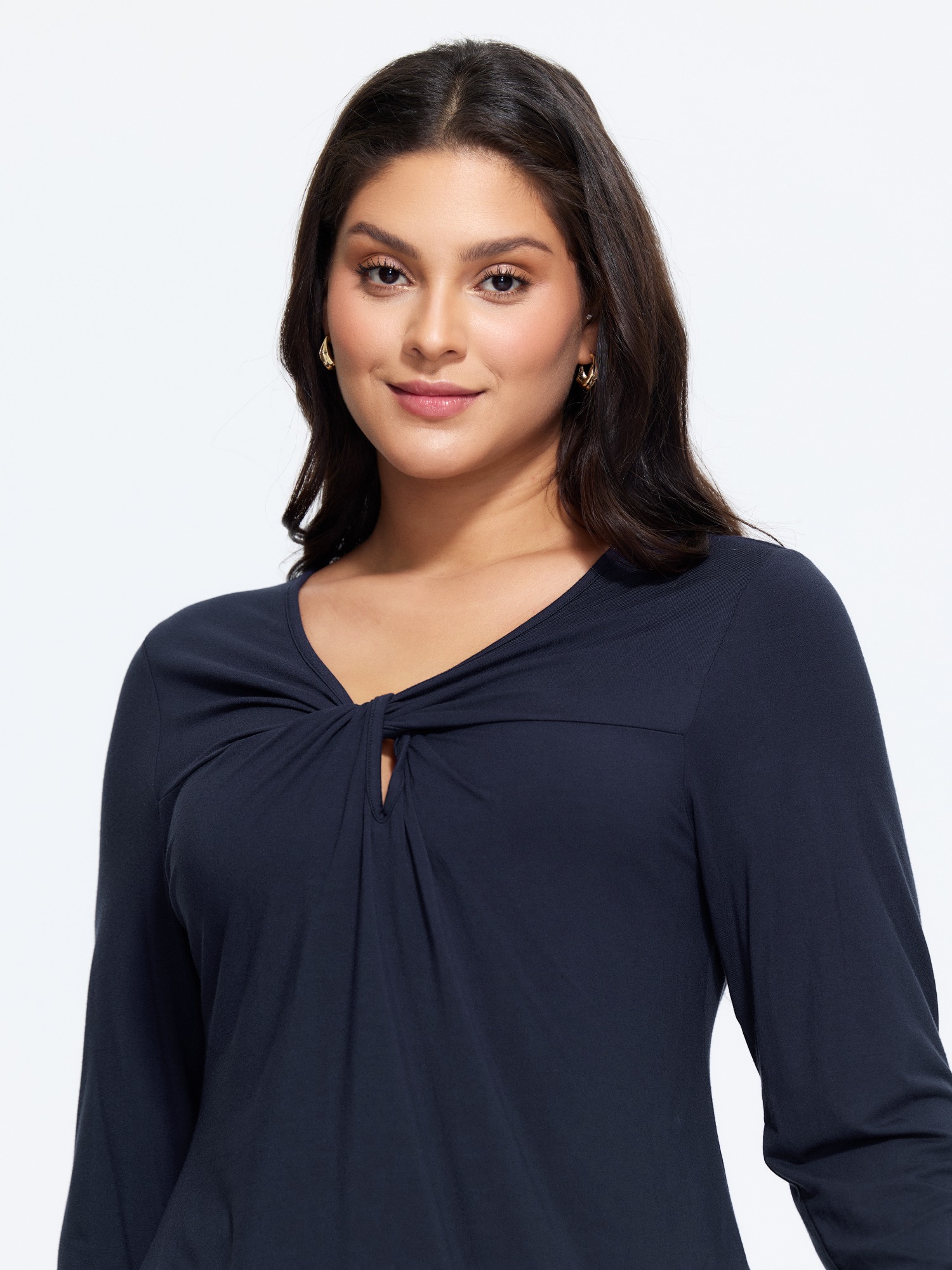 BloomChic Women's Plus Size Stretch V‑Neck Twist Knot Keyhole Front Fitted Top DarkBlue Long Sleeve Everyday-Elegant Asymmetrical Neckline 10/M