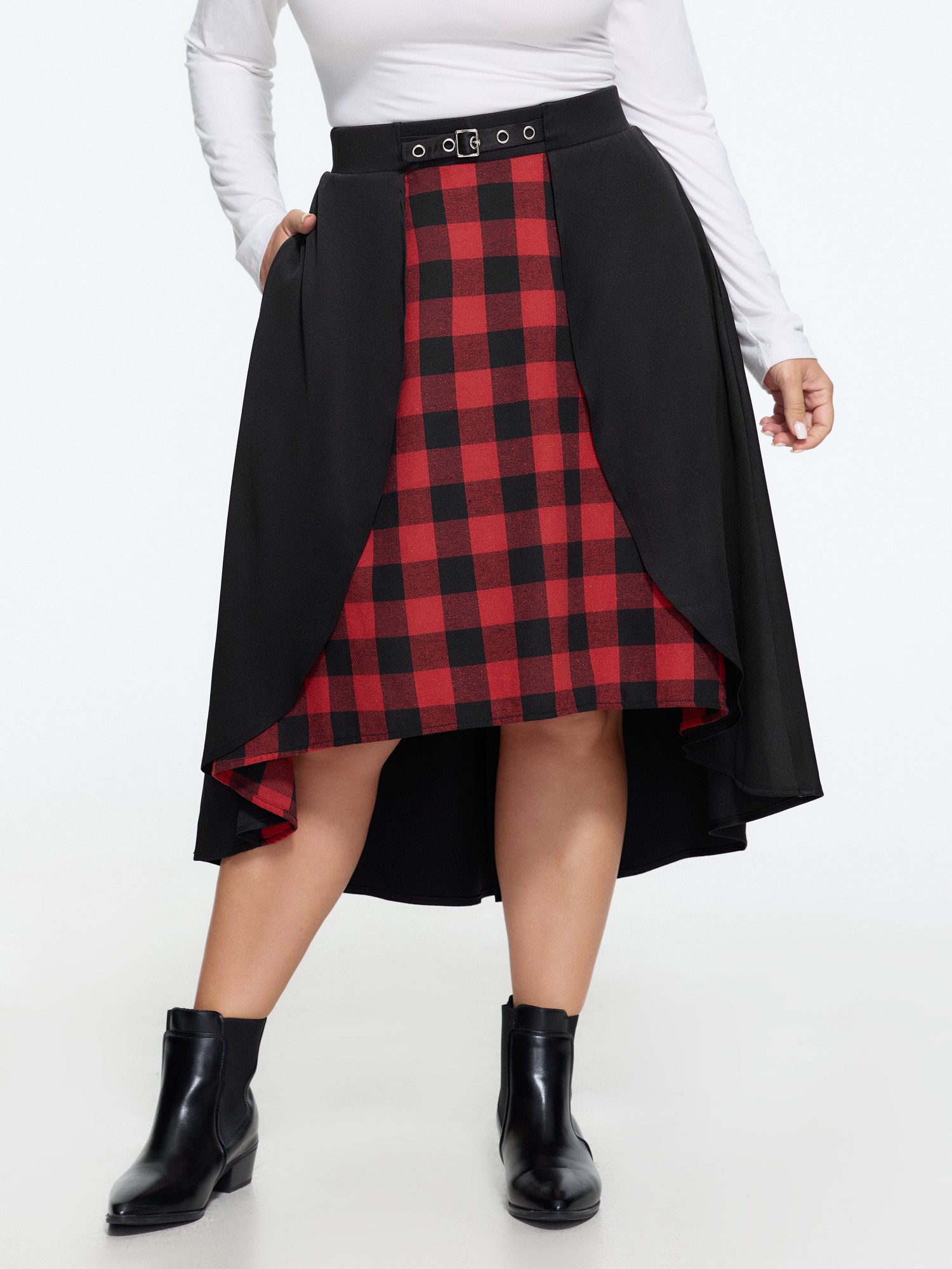 Plus Size Plaid Patchwork High‑Low Hem Midi Skirt - Curve Women's Black A-line High Rise Easy Pull-On Side Pocket Skirts 14/M
