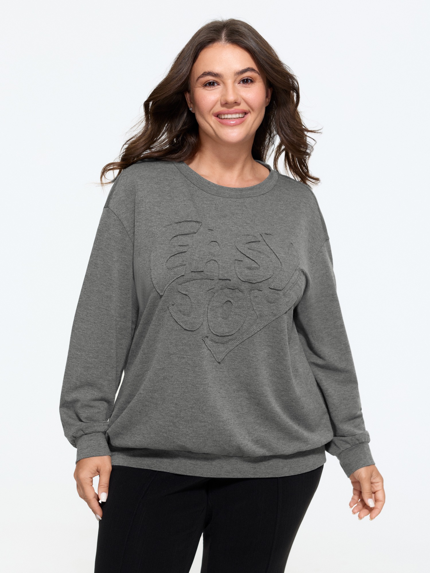 BloomChic Women's Plus Size Embossed 3D Letter Crew Neck Sweatshirt DimGray Typography Everyday-Casual Round Neck 10/M