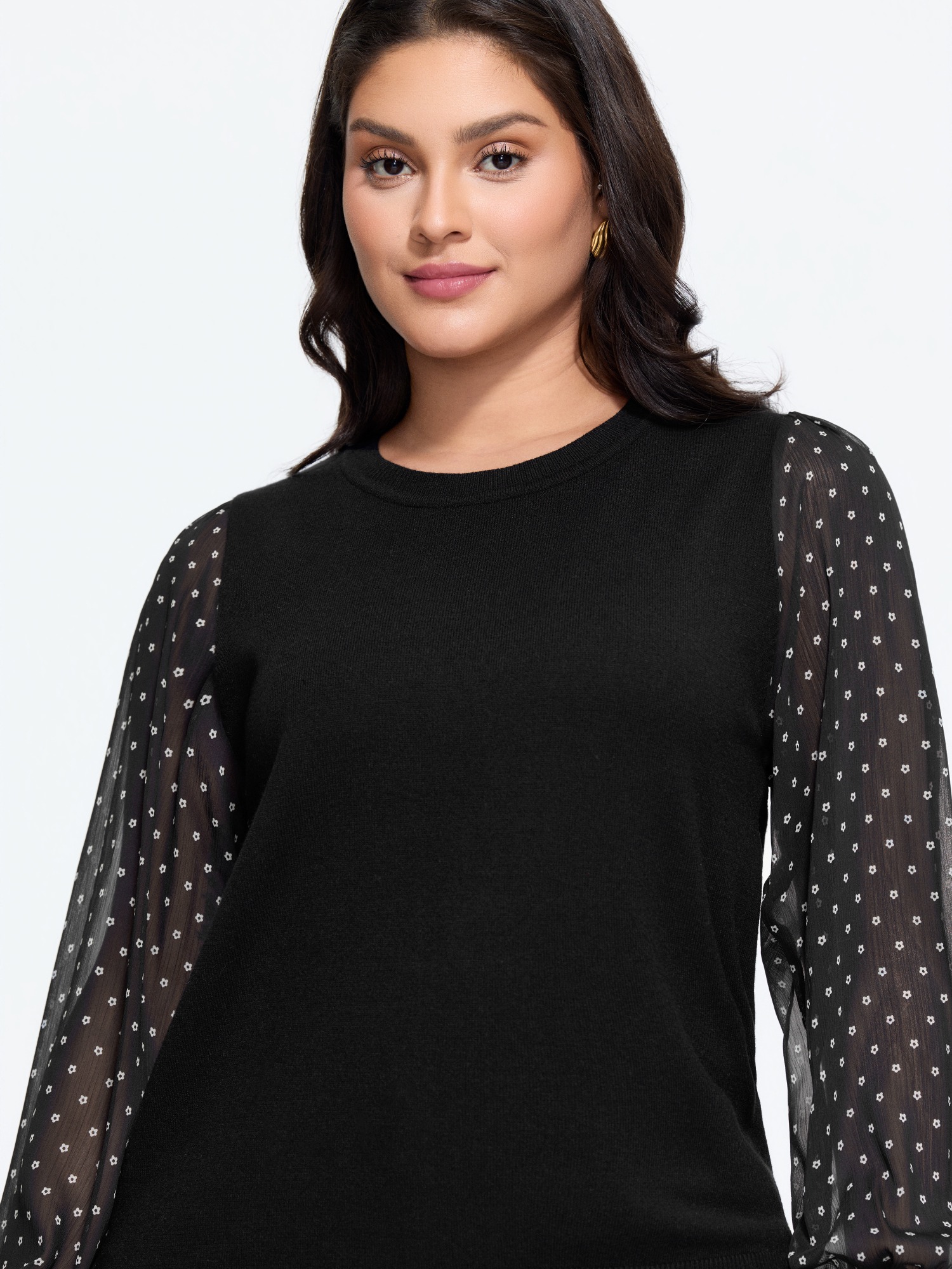 BloomChic Women's Plus Size Supersoft Floral Print Sheer Puff Sleeve Pullover Black Long Sleeve Round Neck 10/M