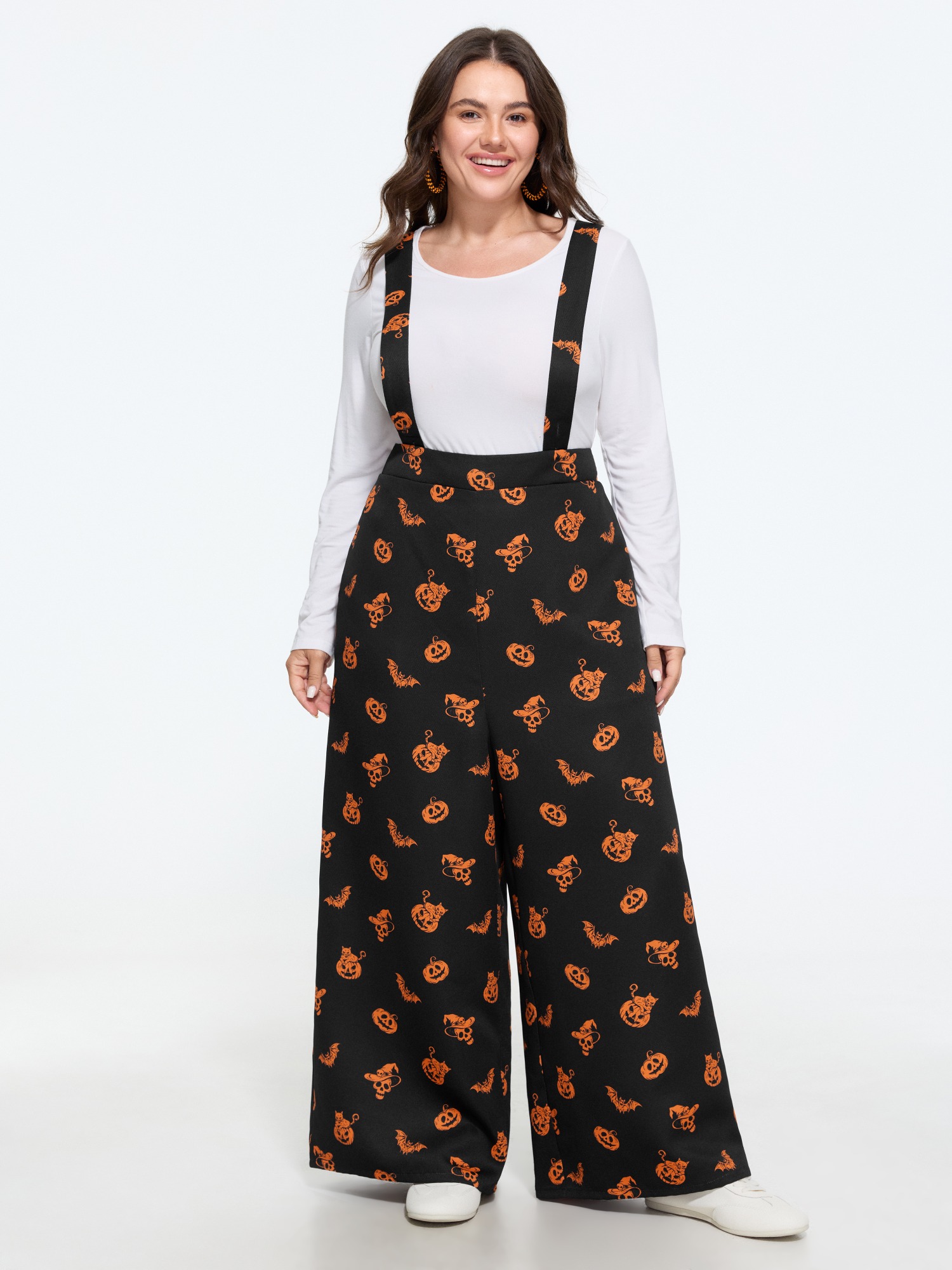 BloomChic Women's Plus Size Halloween Pumpkin Bat Cat Print Overalls Jumpsuit Black Everyday-Casual 10/M