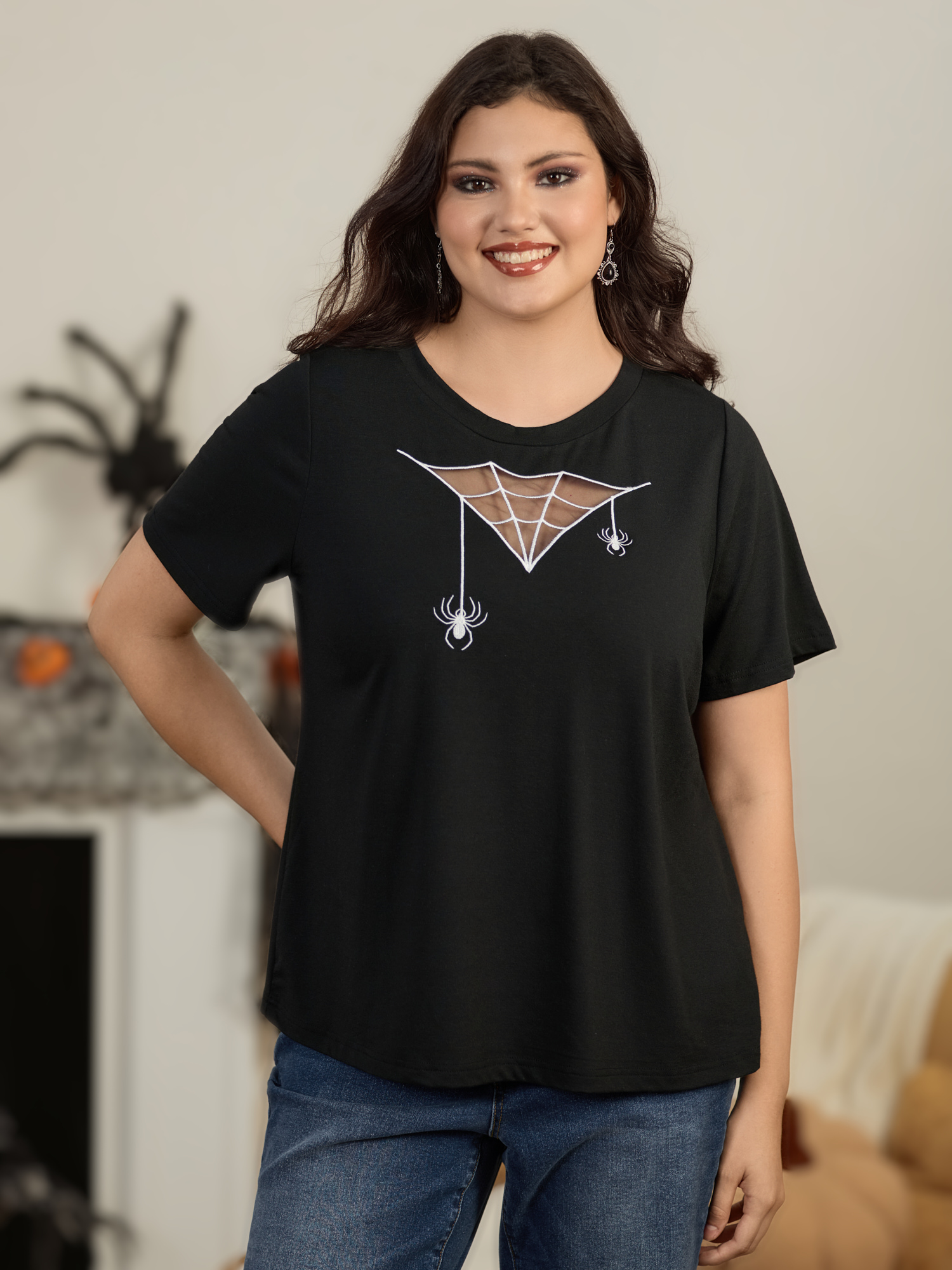 BloomChic Women's Plus Size Supersoft Spider Web Mesh Cut Out T-Shirt Black Halloween Everyday-Elegant Short sleeve Round Neck 10/M
