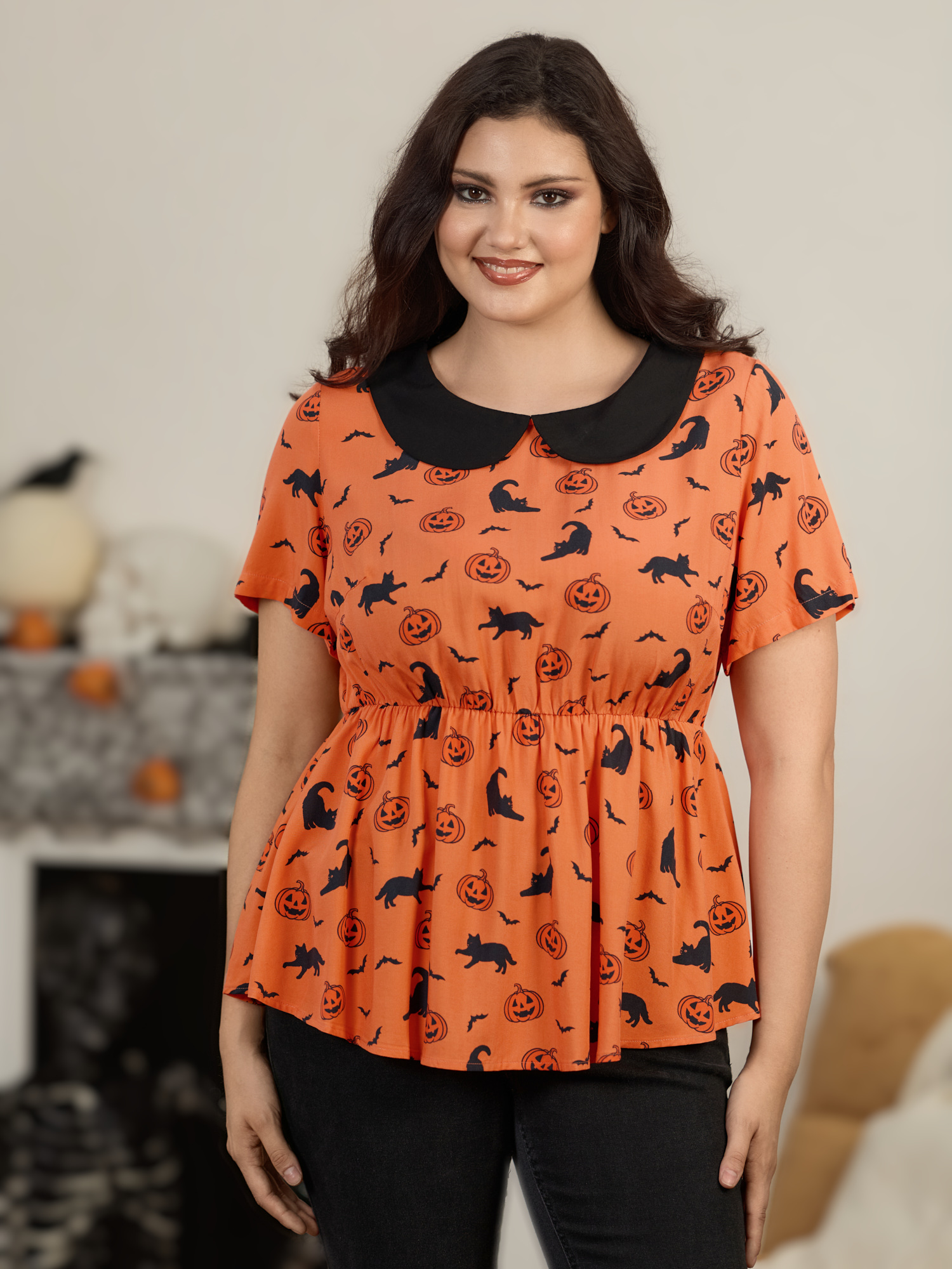 BloomChic Women's Plus Size Halloween Pumpkin Bat Cat Print Peplum Blouse Brightorange Halloween Everyday-Casual Short sleeve Peter Pan Collar 10/M